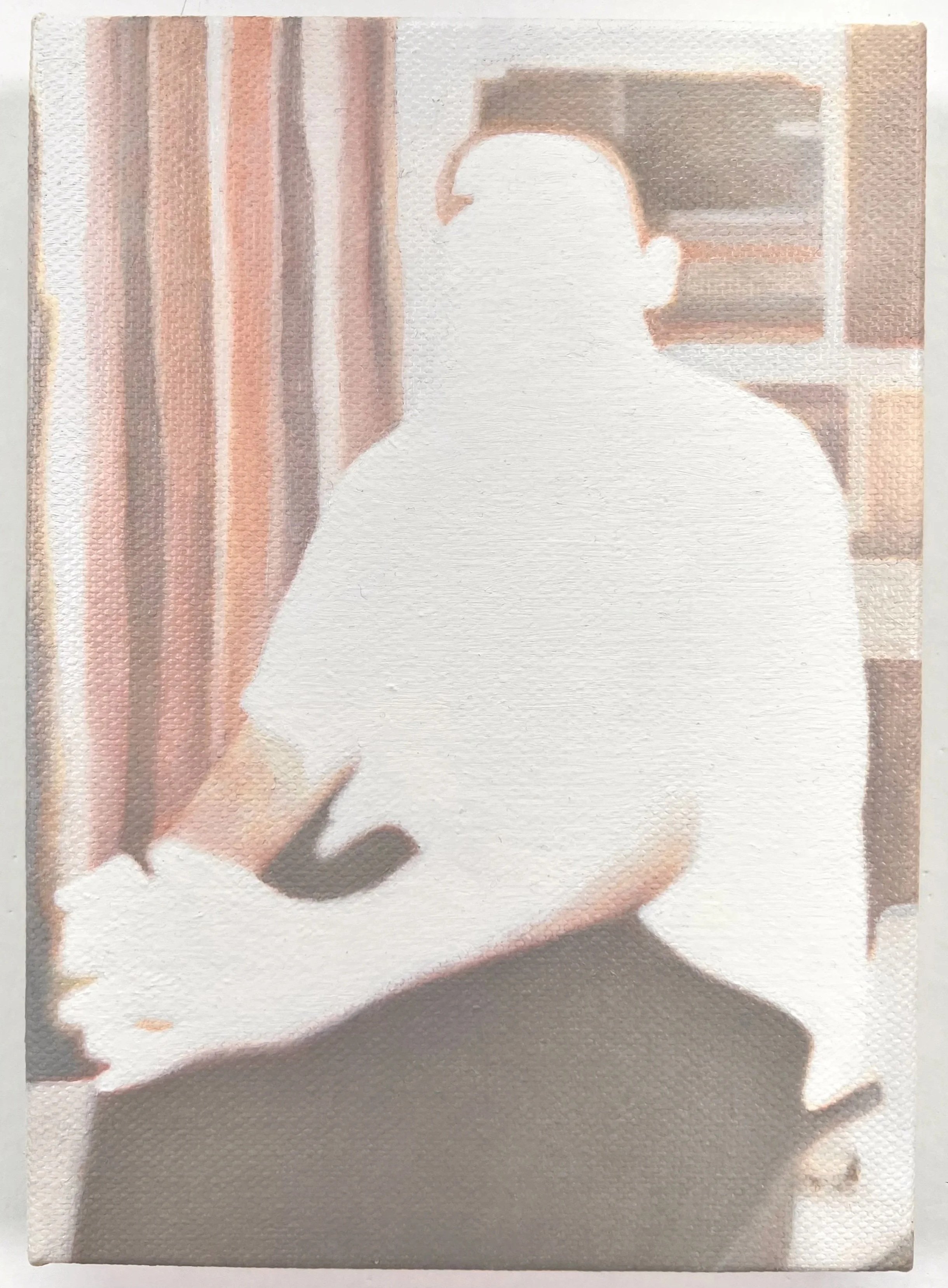A oil painting of a person with short hair wearing a white shirt and dark pants, sitting in profile with their head slightly bowed, against a blurred background of shelves and curtains. Cremintz White.