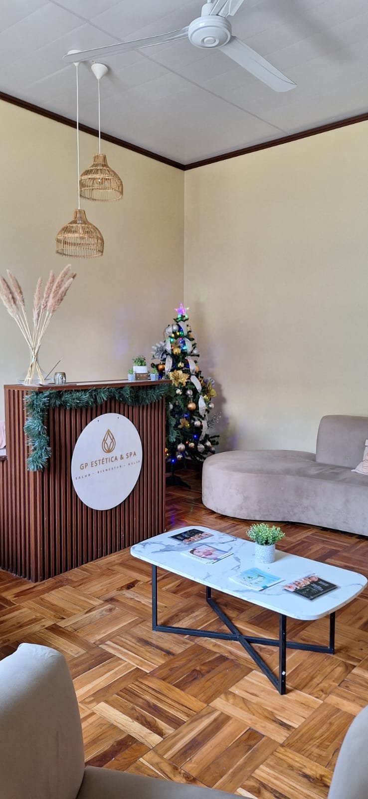 A cozy reception area decorated for Christmas with a small decorated Christmas tree, a beige sofa, a white coffee table with magazines, and a wooden reception desk with greenery and a logo sign. Hanging pendant lights and a ceiling fan are on the ceiling.