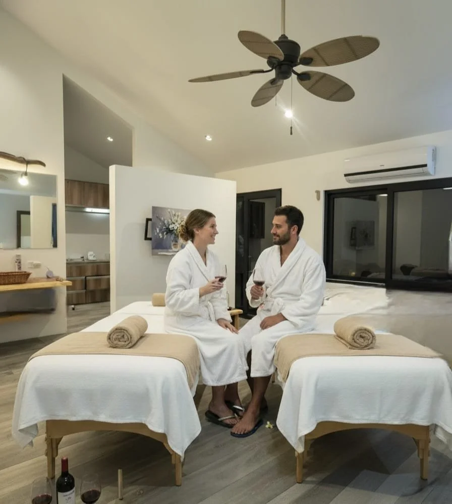 Luxury couples ritual at Salterra Wellness with 90-minute massage using volcanic hot stones, LED facial therapy and premium Costa Rican coffee exfoliation in Playas del Coco, Guanacaste.