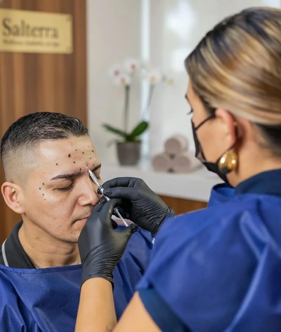 Man receiving Botox or Botulinum Toxin injection treatment on the forehead at Salterra Wellness in Costa Rica.