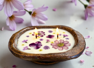 Bohemian Floral Wood Bowl Candle