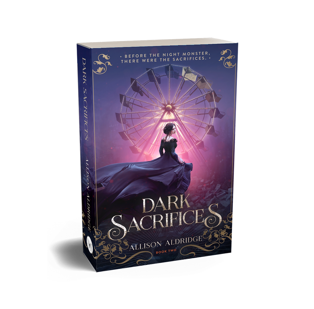 Book cover for "Dark Sacrifices" by Allison Aldridge, featuring a woman in a dark dress in front of a Ferris wheel at sunset.