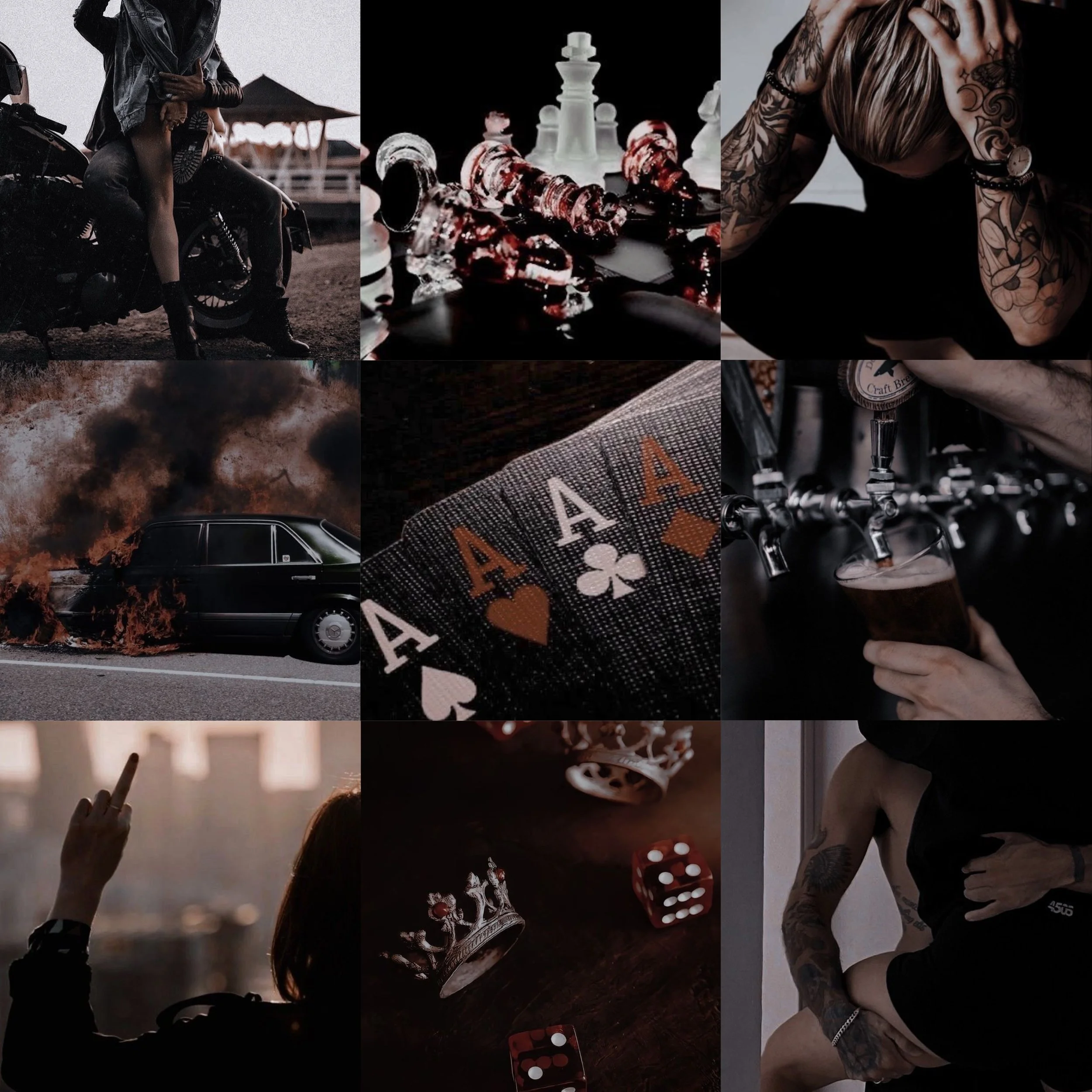 Collage of nine images featuring a woman with tattoos, a person on a motorcycle, a chess set, a burning car, playing cards, pouring craft beer, a person's hand making a gesture, a crown and dice, and a tattooed man's arm.