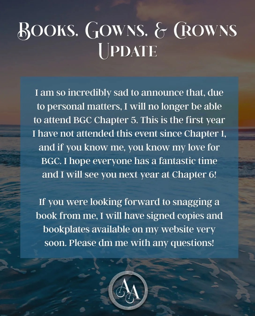 I am so sad to announce that I will no longer be attending @booksgownsandcrowns Chapter 5 in San Diego due to personal reasons. If you know me you know my love for BGC so this decision was not taken lightly. I can not wait to see everyone's photos an
