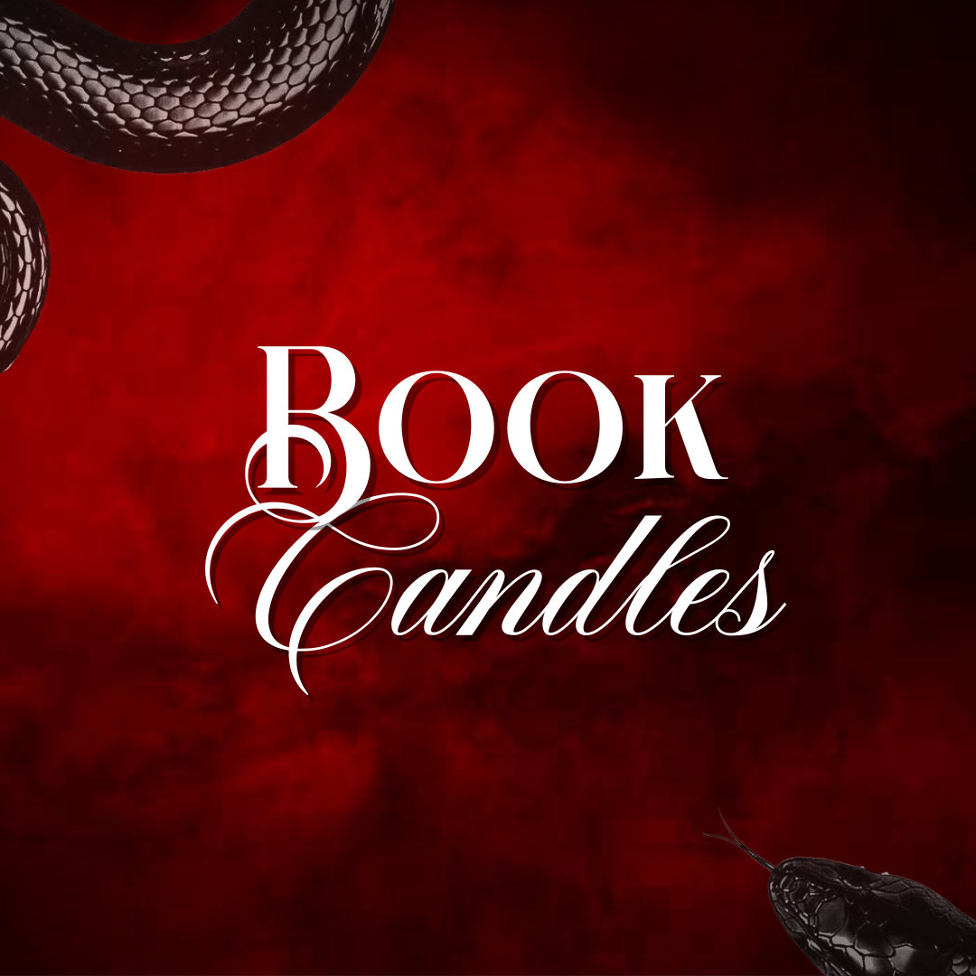 Text reading 'Book Candles' with a red background and black snake illustrations in the corners.