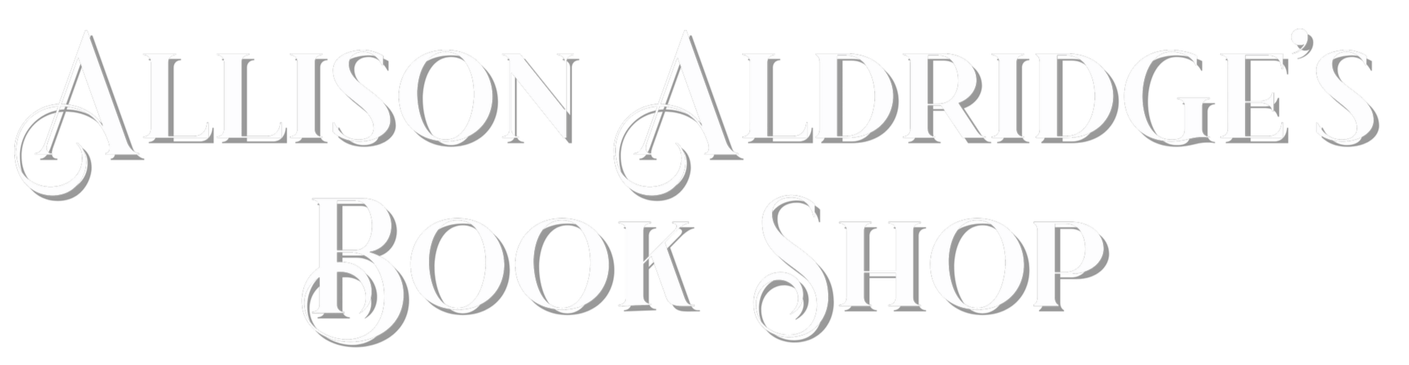 Sign for Allison Aldridge Book Shop with black background and white decorative text