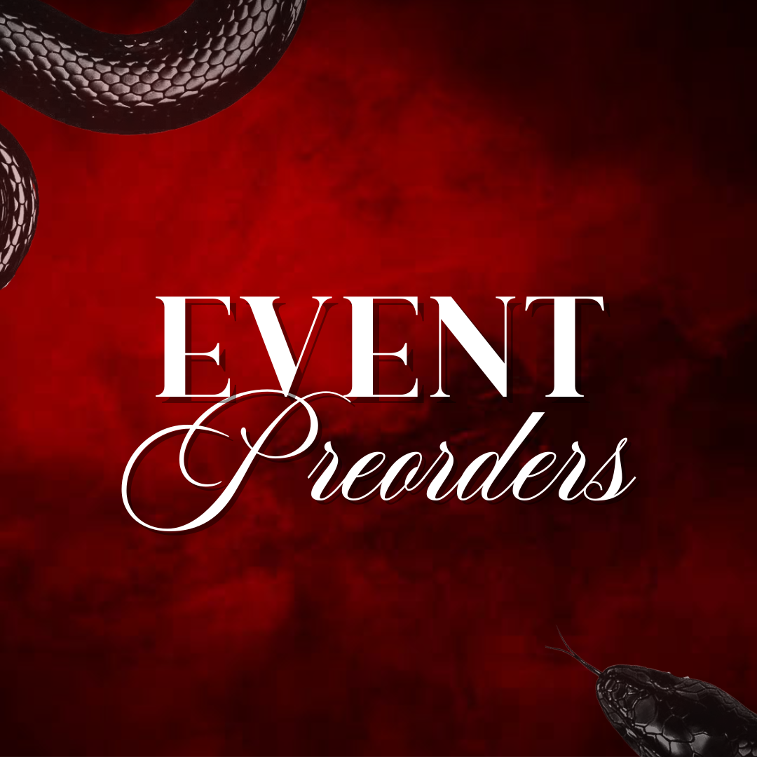 Red background with black snakes and white text that reads 'Event Preorders'.