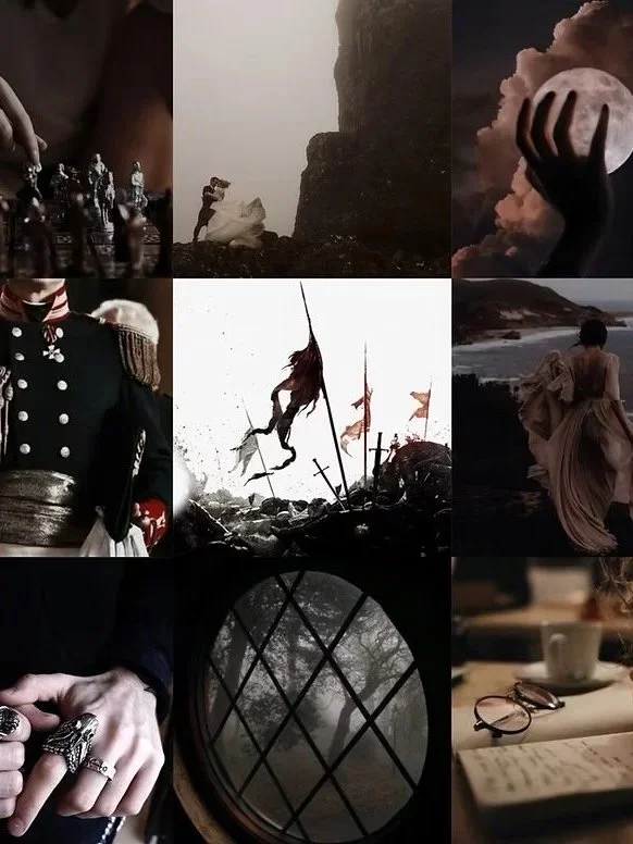 A collage of nine images including a chess game, a person by a rocky cliff, a hand with a fork and cloud, a person sailing with flags, a woman walking on the beach, a person with rings on the hand, a foggy view through a window, and a cup of coffee with glasses and a journal.