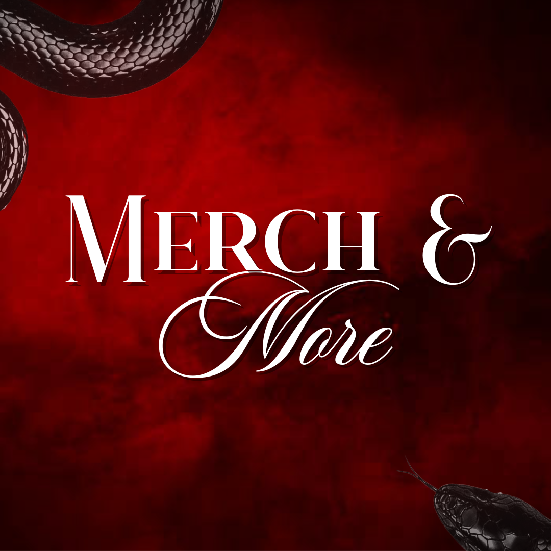Text reading 'Merch & More' on a dark red and black background with snake illustrations.