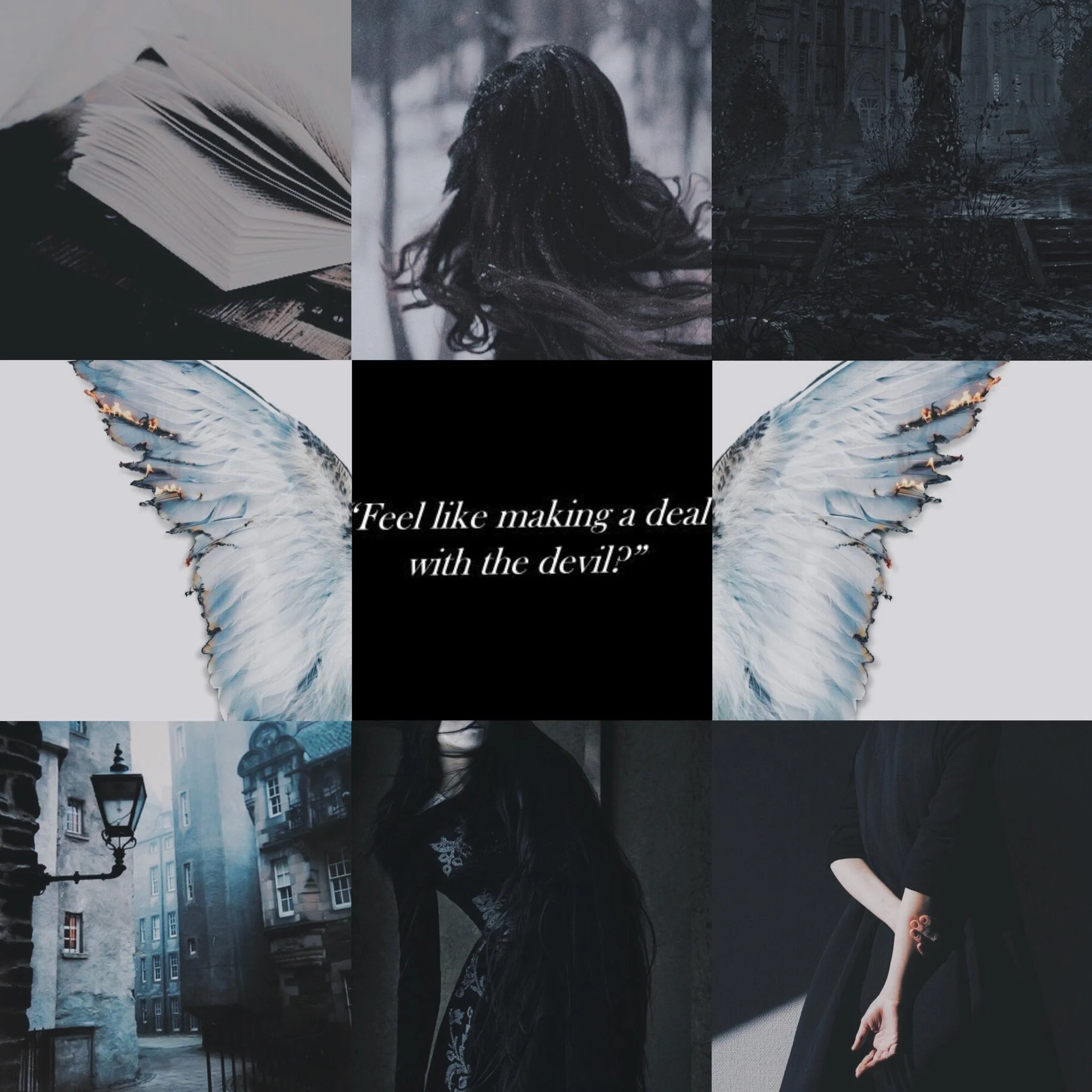 Collage with eight images and a quote in the center: top left shows an open book, top middle shows a woman with long dark hair outdoors, top right shows an old city street, middle left shows wing feathers, middle right shows wing feathers, bottom left shows an alleyway with buildings and streetlamp, bottom middle shows a woman with long dark hair wearing a dress, bottom right shows a woman in black dress with arms crossed.