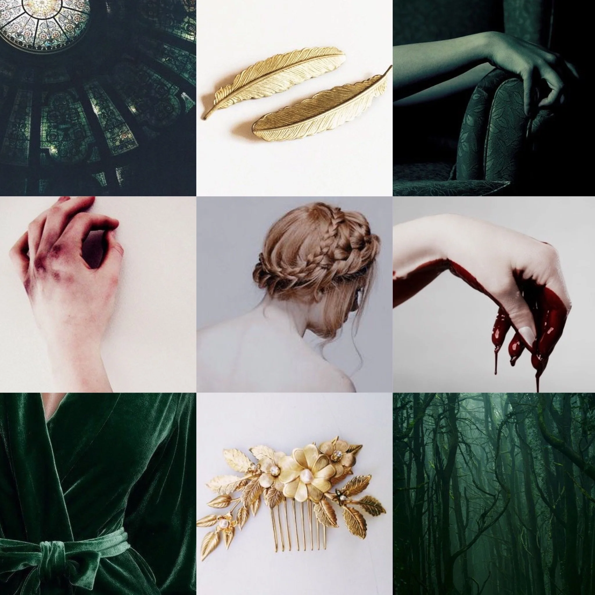 A collage of nine images including a stained glass dome, gold feather-shaped jewelry, a person's arm resting on a patterned armchair, a hand writing, a woman with braided hair, a hand with blood dripping, green velvet fabric, a gold floral hair comb, and a dark green foggy forest.