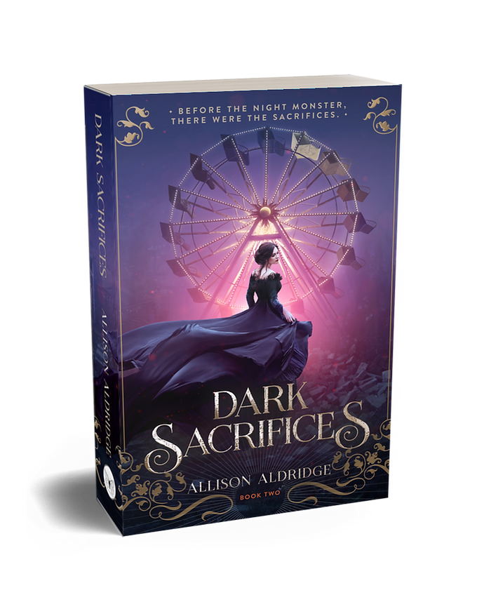 The cover of a book titled 'Dark Sacrifices' by Allison Aldridge, featuring a woman in a dark dress in front of a lit amusement park ferris wheel at dusk.