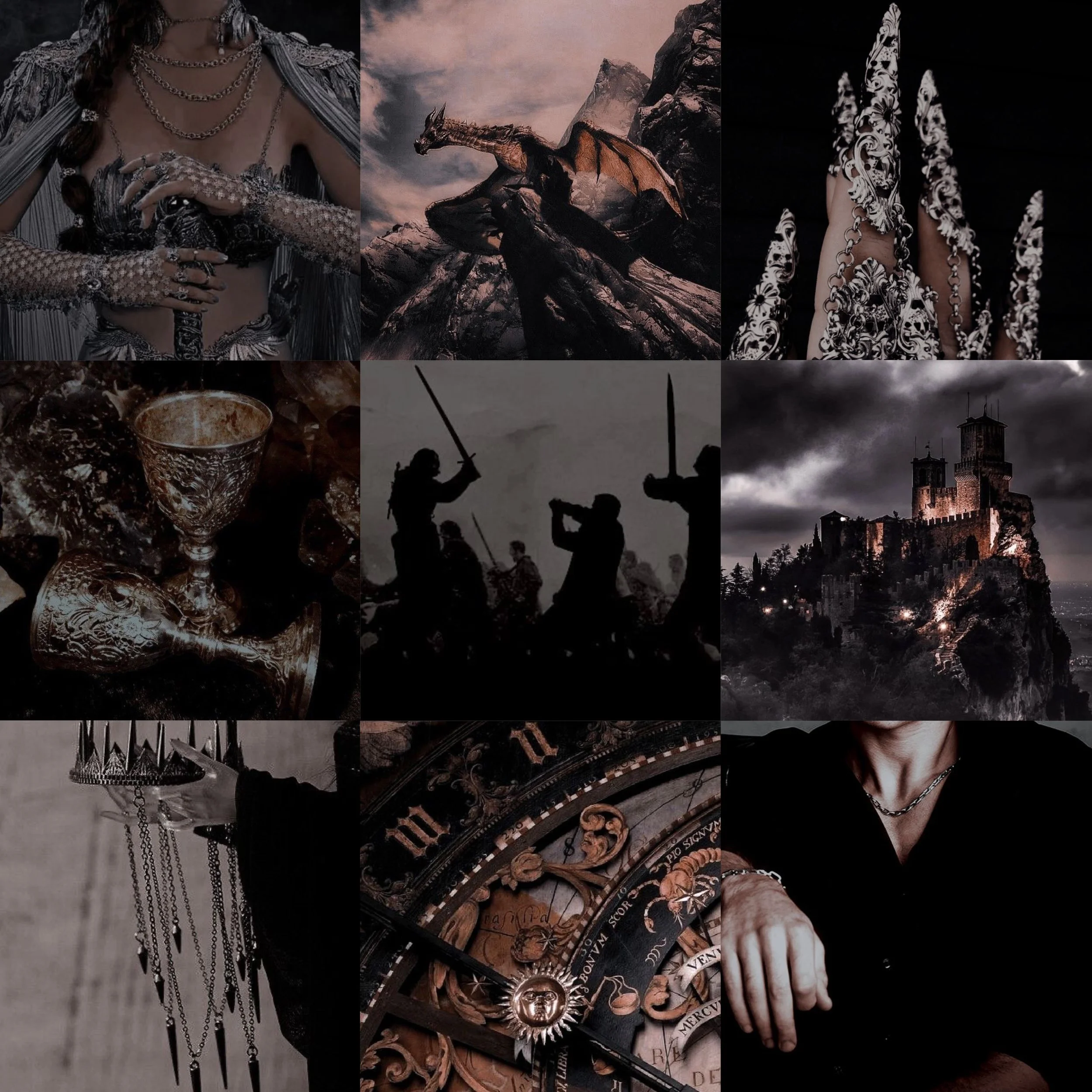 Collage of nine dark, mysterious fantasy-themed images featuring a dragon, a medieval castle, a person dressed in ornate silver clothing with jewelry, goblets and cups, a group of silhouetted warriors with swords, a hand holding hanging chains, an astrological clock, a person with jewelry, and a fantasy landscape.