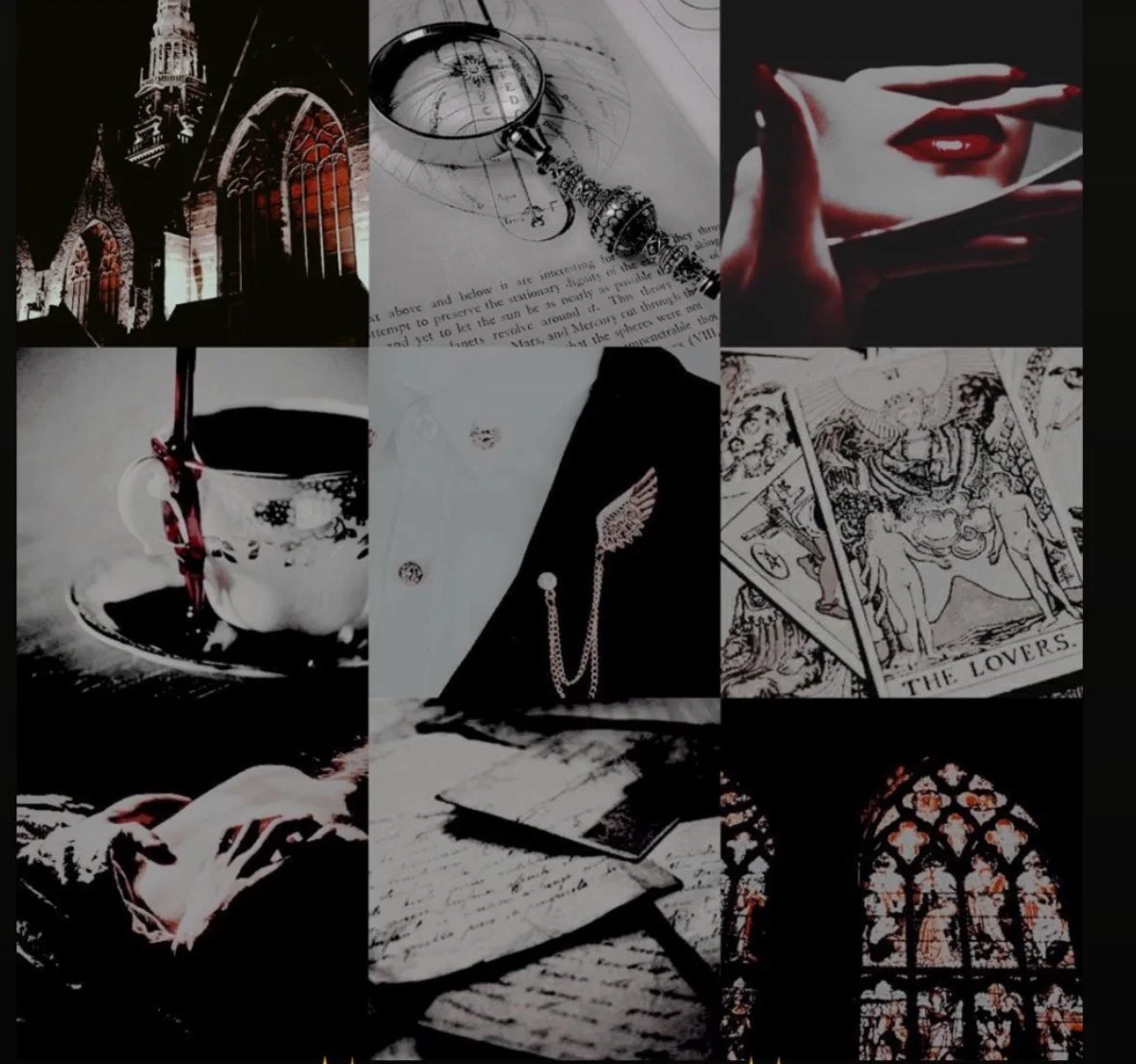 Collage of nine black and white and dark-colored photos, including a gothic church, a magnifying glass on a page, a woman with red lipstick, a cup of coffee being poured, a necklace, tarot cards, a handwritten letter, and a stained glass window.