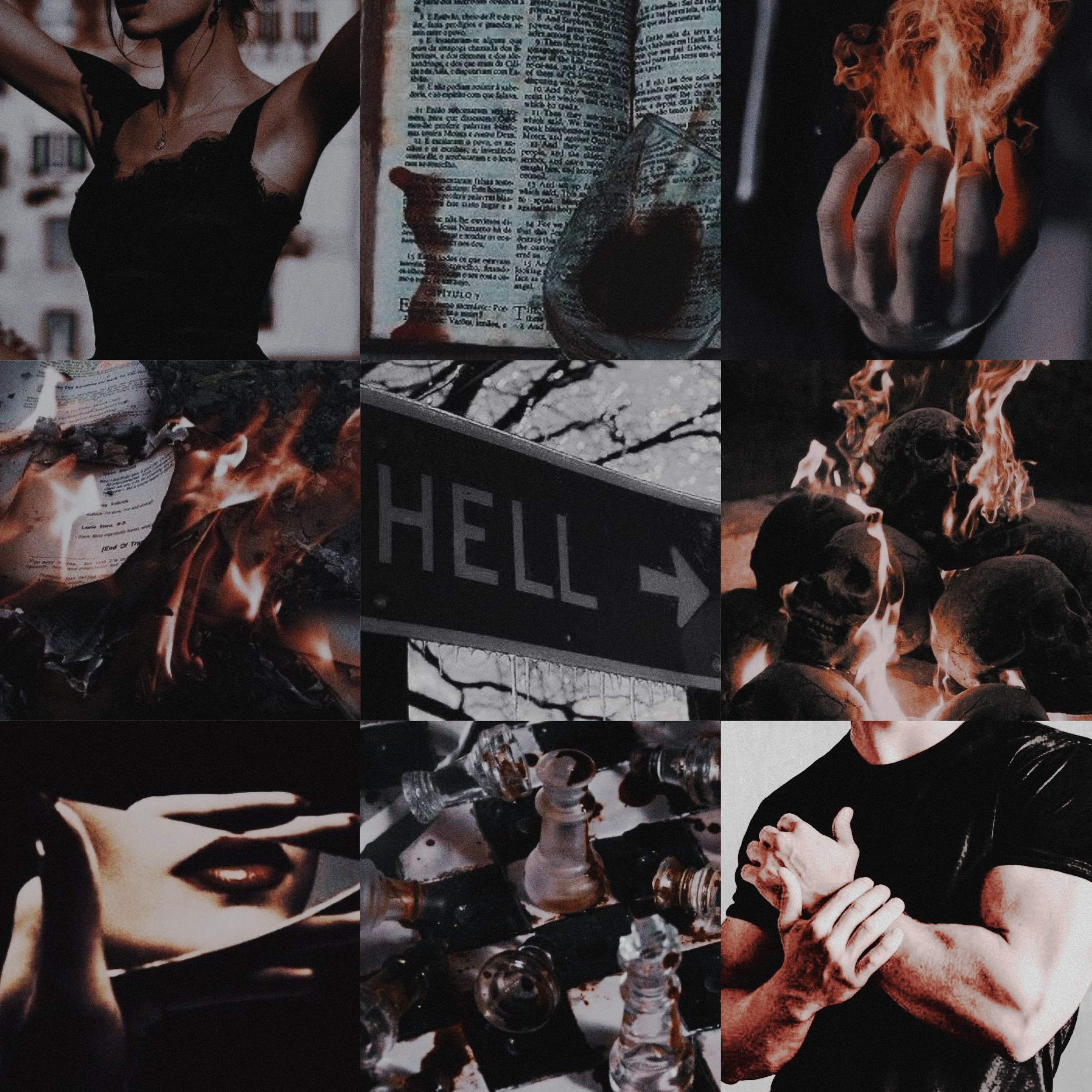 A collage of nine images including a woman in black dress, burning paper, hand holding fire, burning paper, a road sign that reads 'HELL', skulls on fire, a woman with dark lipstick, scattered liquor bottles, and a muscular person flexing arm.