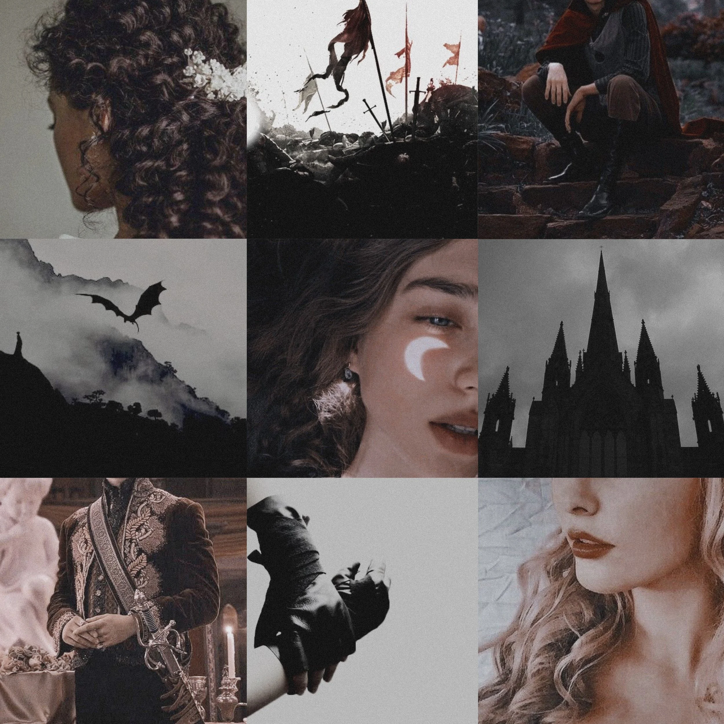 A collage of nine images featuring fantasy, gothic, and romantic themes: a woman with curly hair and flowers, a silhouetted battle scene with flags and swords, a person on rocks with a cape, a breathed dragon flying over misty mountains, a woman with a moon tattoo on her face, a Gothic cathedral silhouette, a person in ornate historical costume, a black-and-white hand in a glove, and a woman with wavy hair and red lipstick.