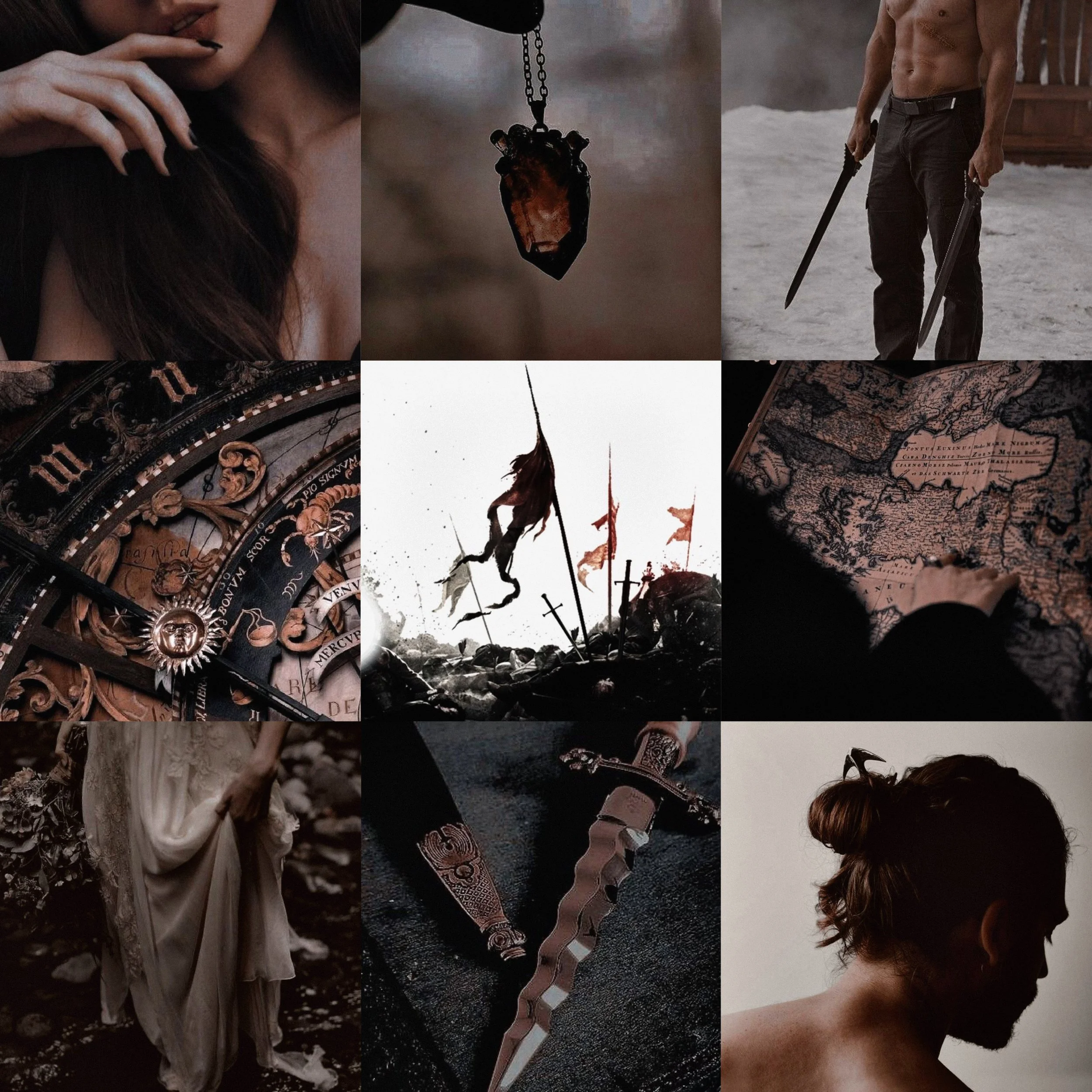 A collage of nine images featuring dark and fantasy-themed elements including a woman with dark hair, a pendulum with a gemstone, a shirtless man holding swords, a clock made of gears, a Danish flag with swords, an antique map, a woman in a flowing dress, ornate knives, and a man with a bun hairstyle.