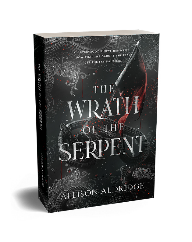 The book cover for 'The Wrath of the Serpent' by Allison Aldridge features an illustration of a coiled black serpent with red eyes on a dark background with ornate patterns. The title is in large white letters, with a blood-drip effect, and a bloody knife piercing the snake.
