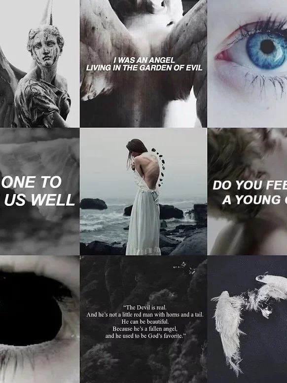 Collage of nine images and text overlays. Top left: statue of a woman. Top center: close-up of angel wings and a face. Top right: close-up of a blue eye. Middle left: blurred landscape. Middle center: woman in a white dress by the ocean. Middle right: a woman with curly hair. Bottom left: close-up of an eye. Bottom center: quote about the devil being a fallen angel. Bottom right: feather on a dark background.
