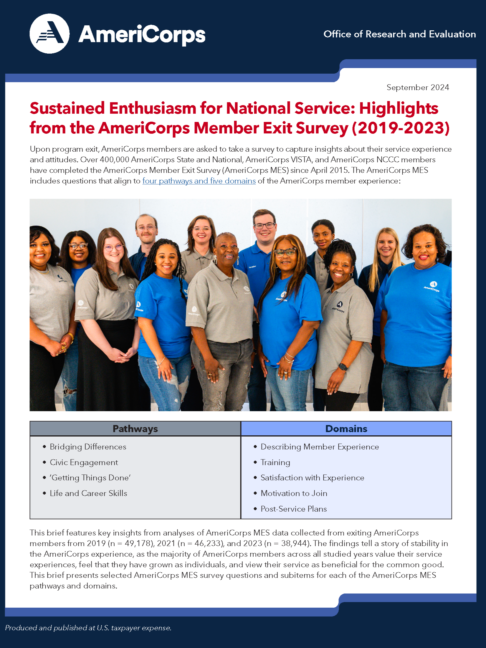      

 
   Publication | AmeriCorps  This brief features key insights from analyses of AmeriCorps MES data collected from exiting AmeriCorps members&nbsp;Survey (2019-2023). 
 




















  
  



    


  

  


 
   
    
      

        