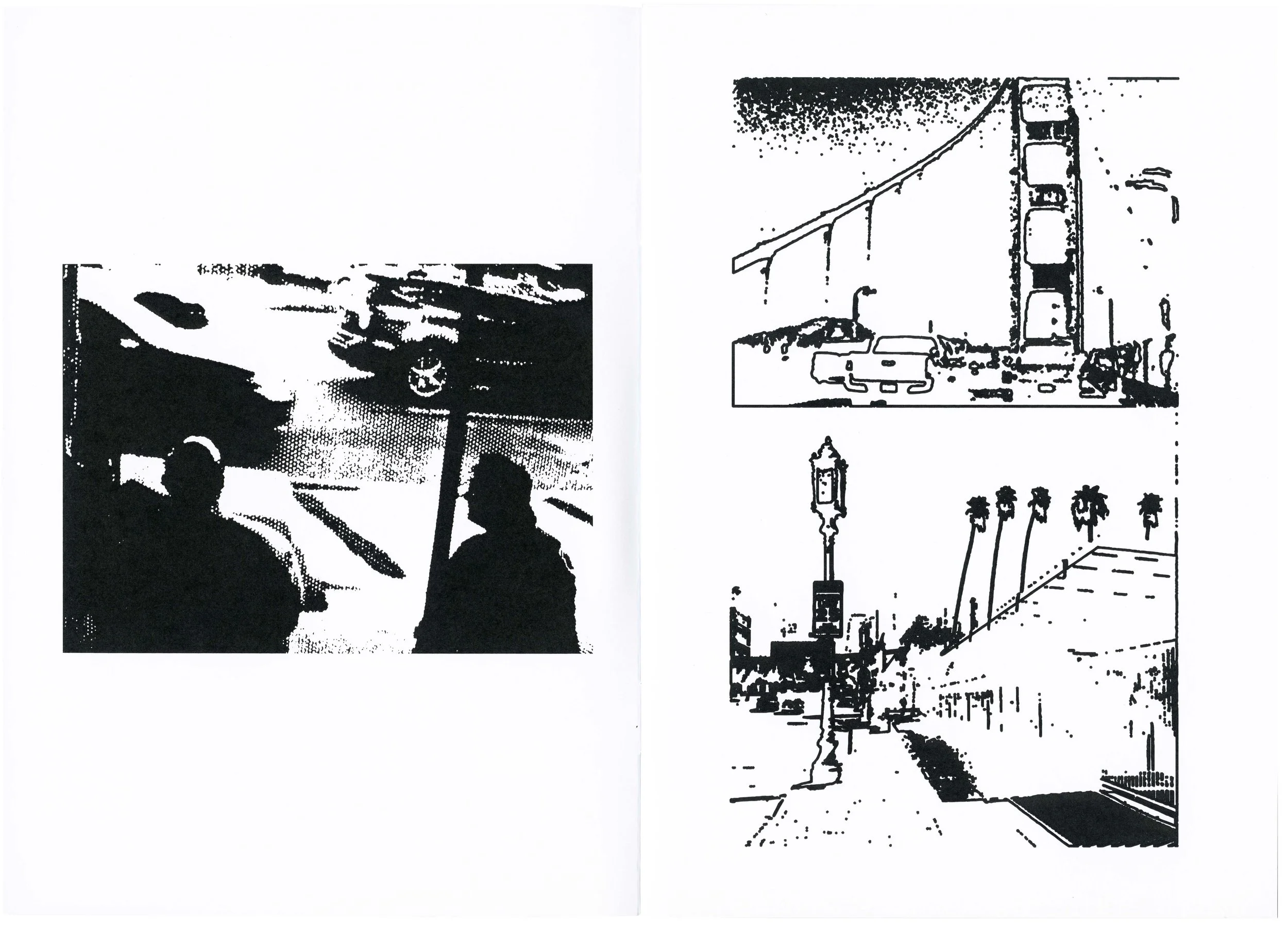 Black and white divided image with a photo of a person and a cityscape featuring the Golden Gate Bridge, palm trees, and street lamps.