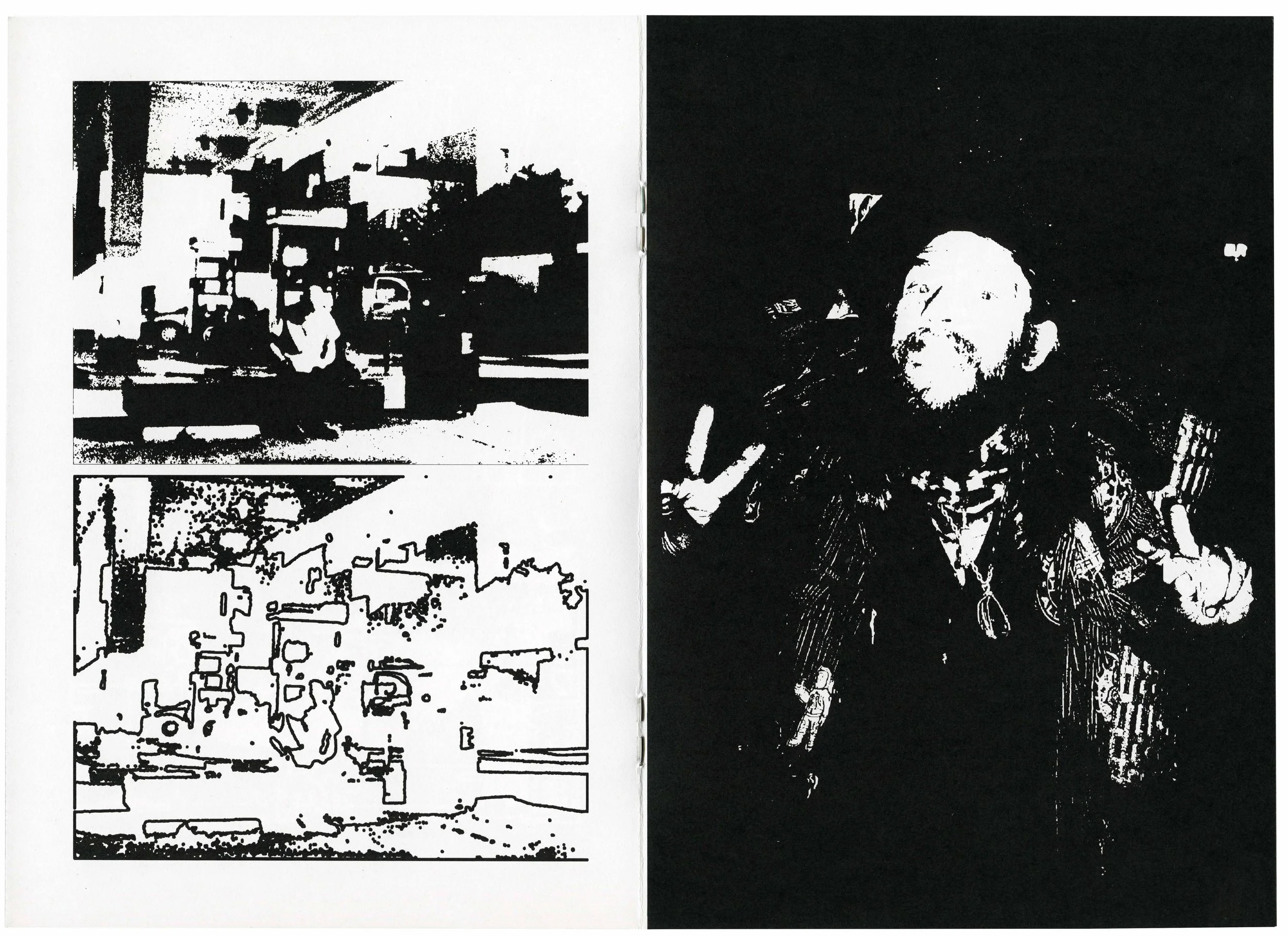 Black and white artistic image divided into four sections, with the top left section depicting a city street scene with cars, people, and buildings; the top right section showing a portrait of a bearded man with glasses, in a high-contrast style; the