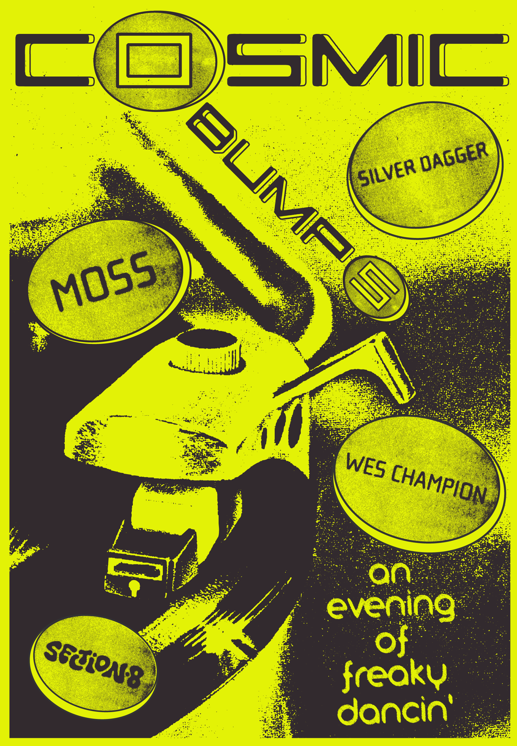 A vintage yellow and black advertisement poster for a Halloween event titled "Cosmic Halloween." The poster features images of a book, a spoon, a hammer, and various circles with text such as "Silver Dagger," "Moss," "Section 8," and "Wes Champ." The