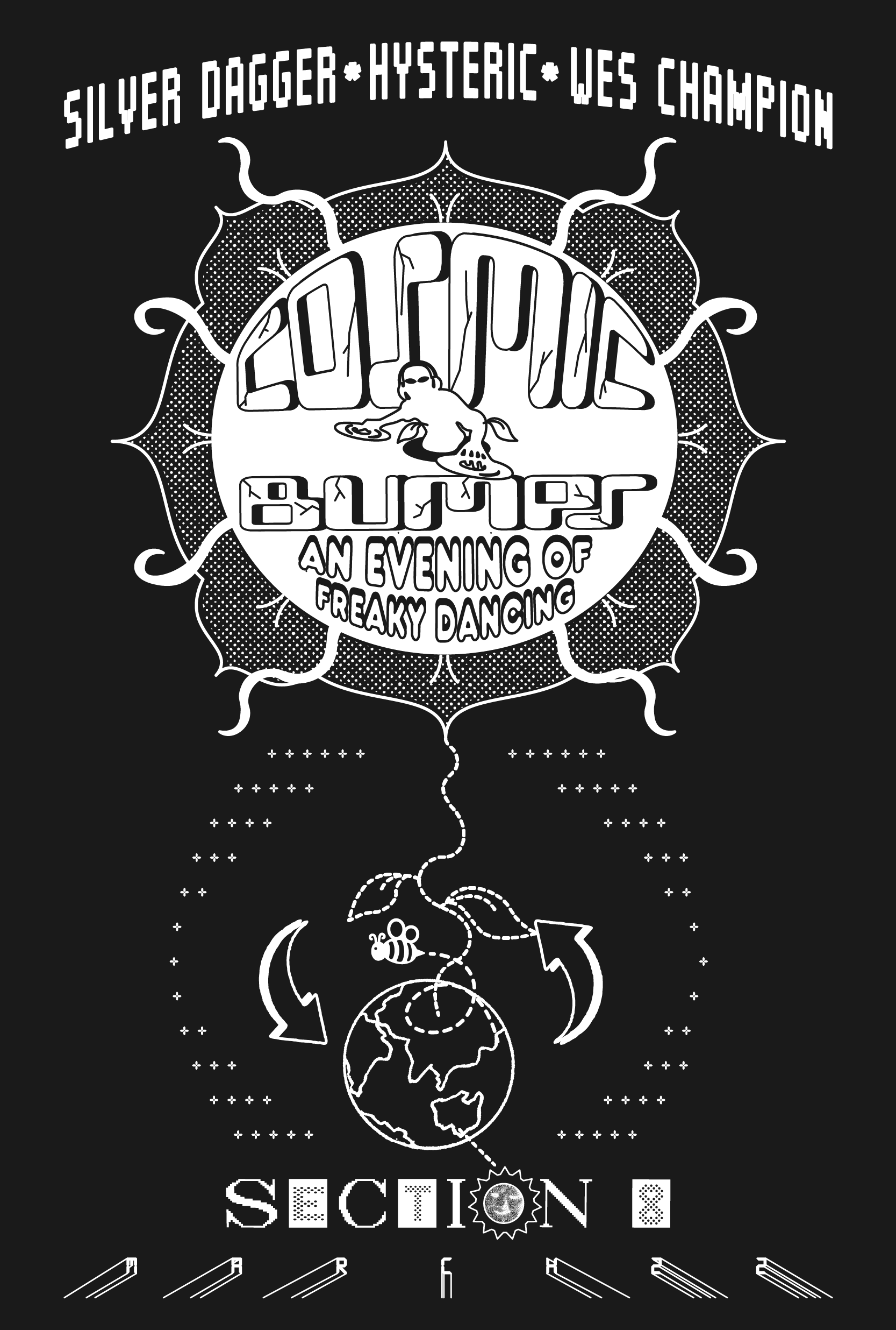A black and white illustration featuring a political or environmental message with various symbols and text. The top has text that reads 'Silver Dagger * Hysteric * Wes Champion'. In the center, there is a round emblem with the phrase '20 Futures' an