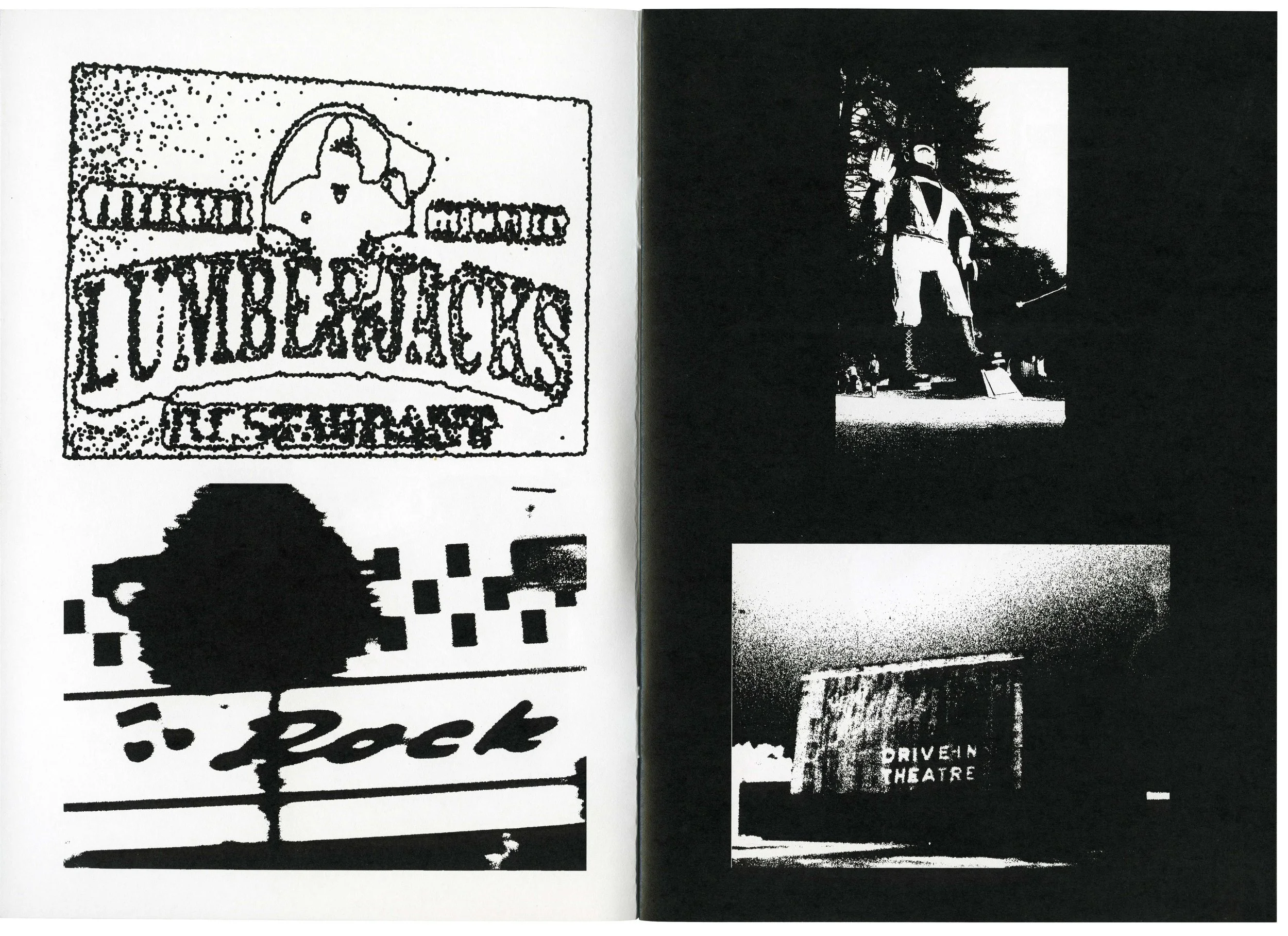 Left side: A high-contrast, black-and-white image of a television with the word "CLOMBERATCHS" displayed on it. The text is stylized and complex, likely a vintage or artistic design. Right side: A black-and-white photo of a person standing outdoors n