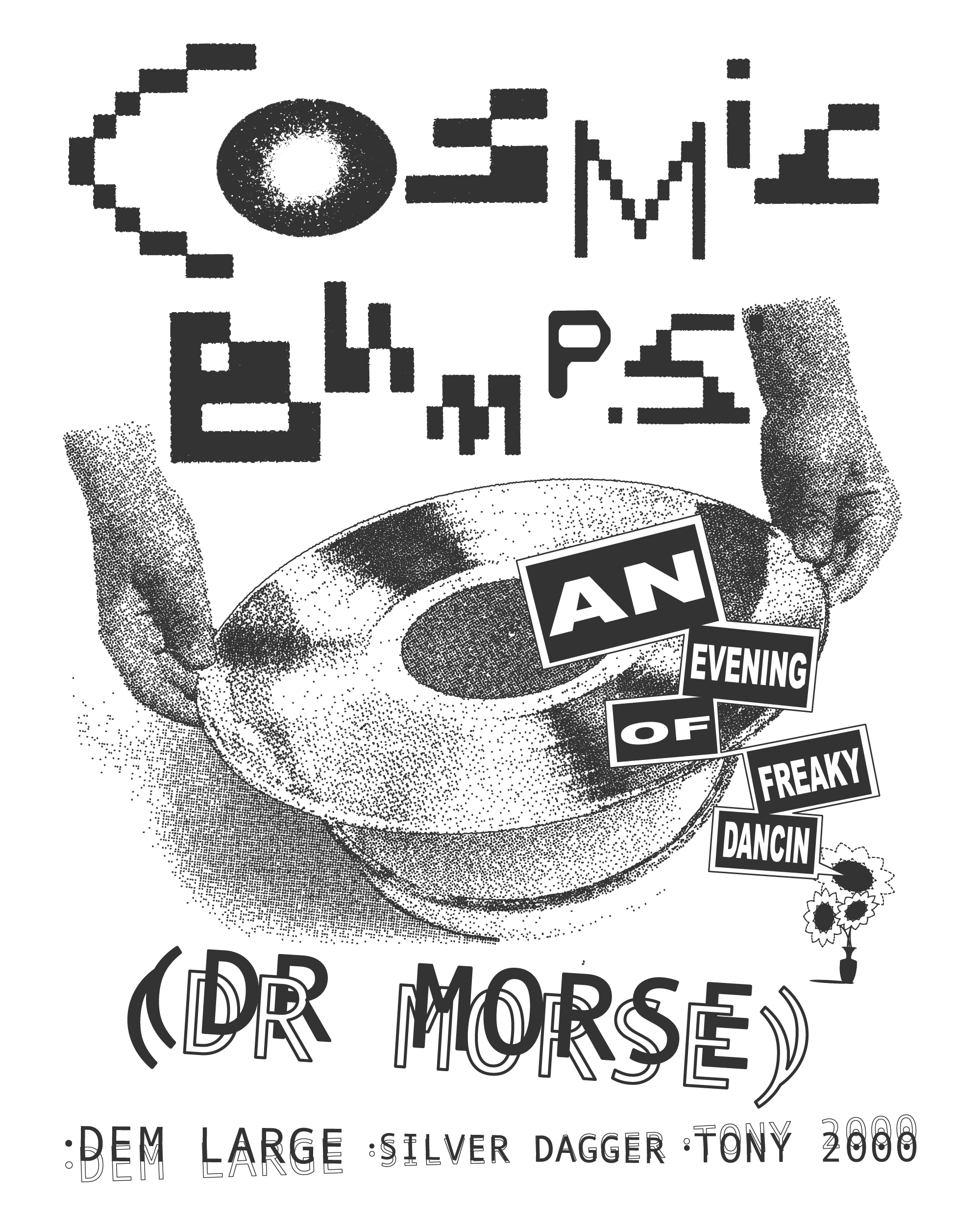 Black and white graphic showing various text styles and graphic elements, including the words 'FREAKY DANCIN' and 'DR MORSE,' with design elements like a flower, a potion bottle, and scattered text arrangements.