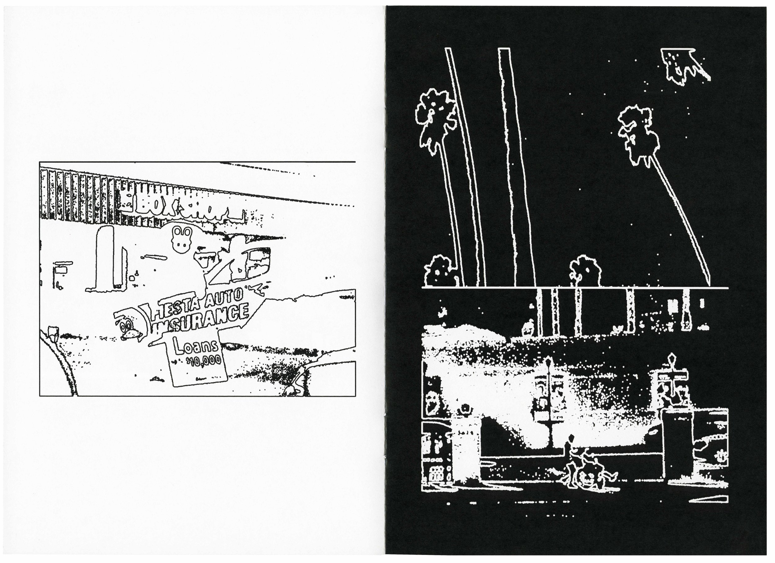 A split image with the left side showing a sign for auto insurance and loan services, and the right side showing a black and white high-contrast outline of a street scene with trees, utility poles, and buildings.