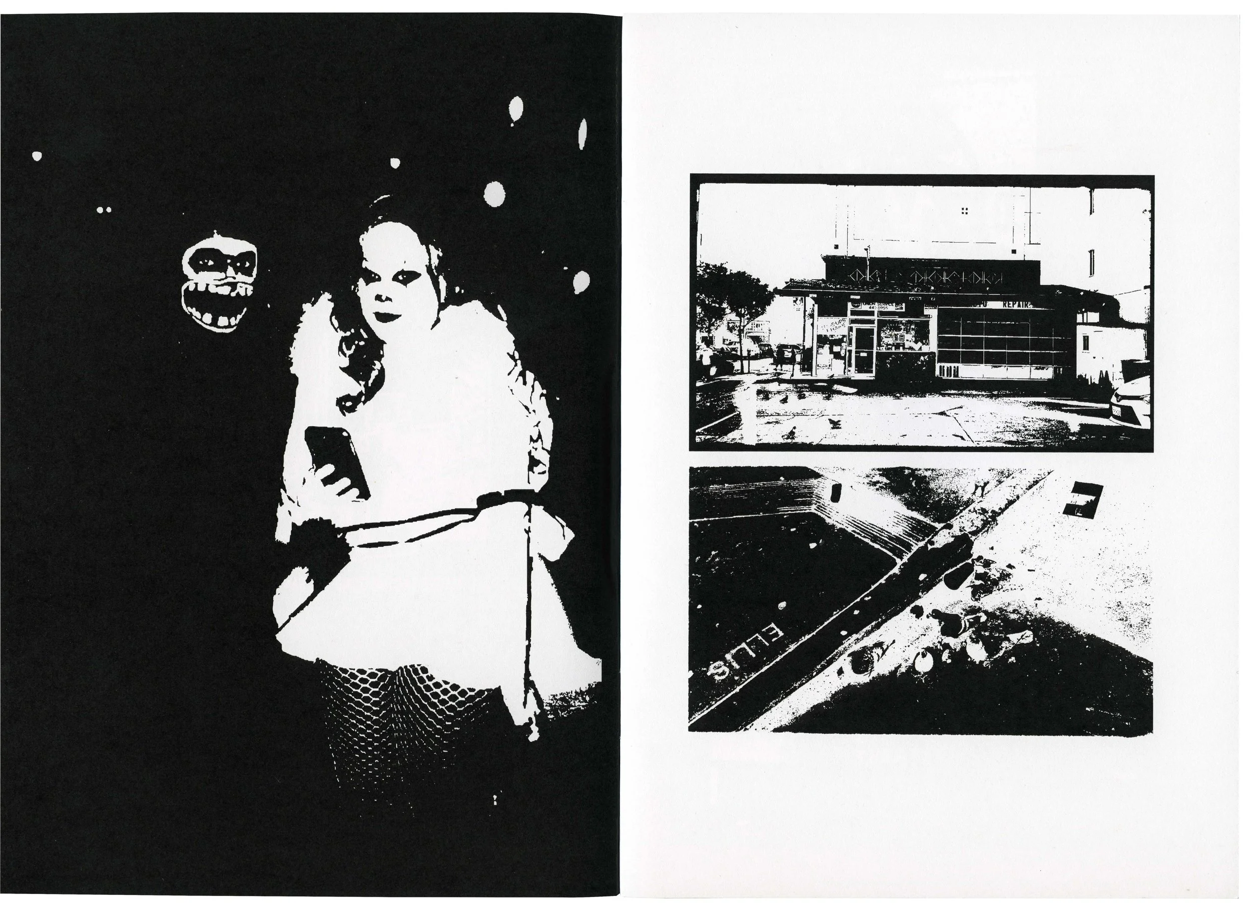Black and white stencil art featuring a young girl with braided hair and fishnet stockings on the left, and a city scene with a store front and parked cars on the right.