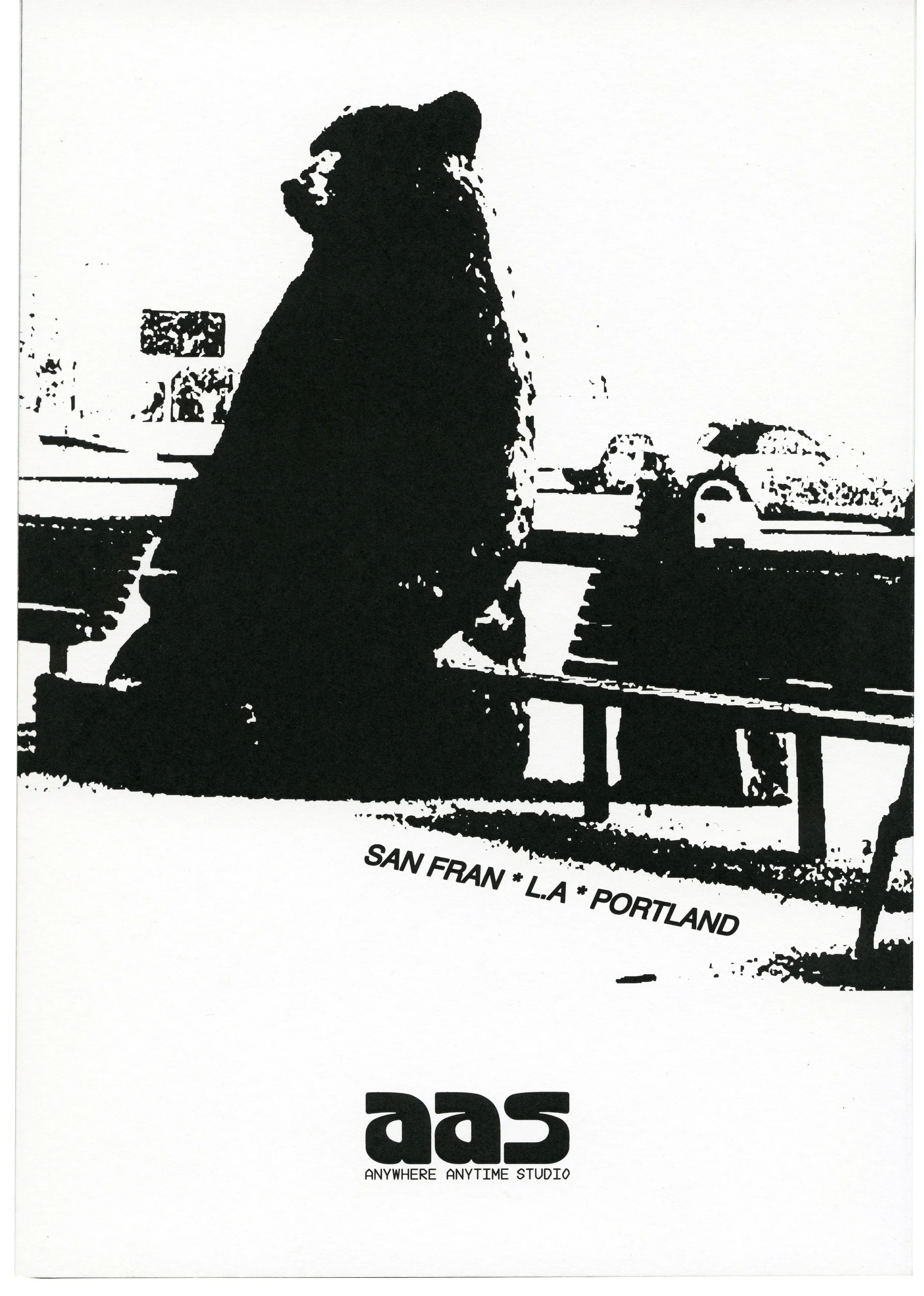 Black and white image of a woman with long hair standing outdoors near a railing. There are cars and trees in the background. Text on the image reads 'SAN FRANCISCO * LOS ANGELES * PORTLAND' and 'aas ANYWHERE ANYTIME STUDIO'.
