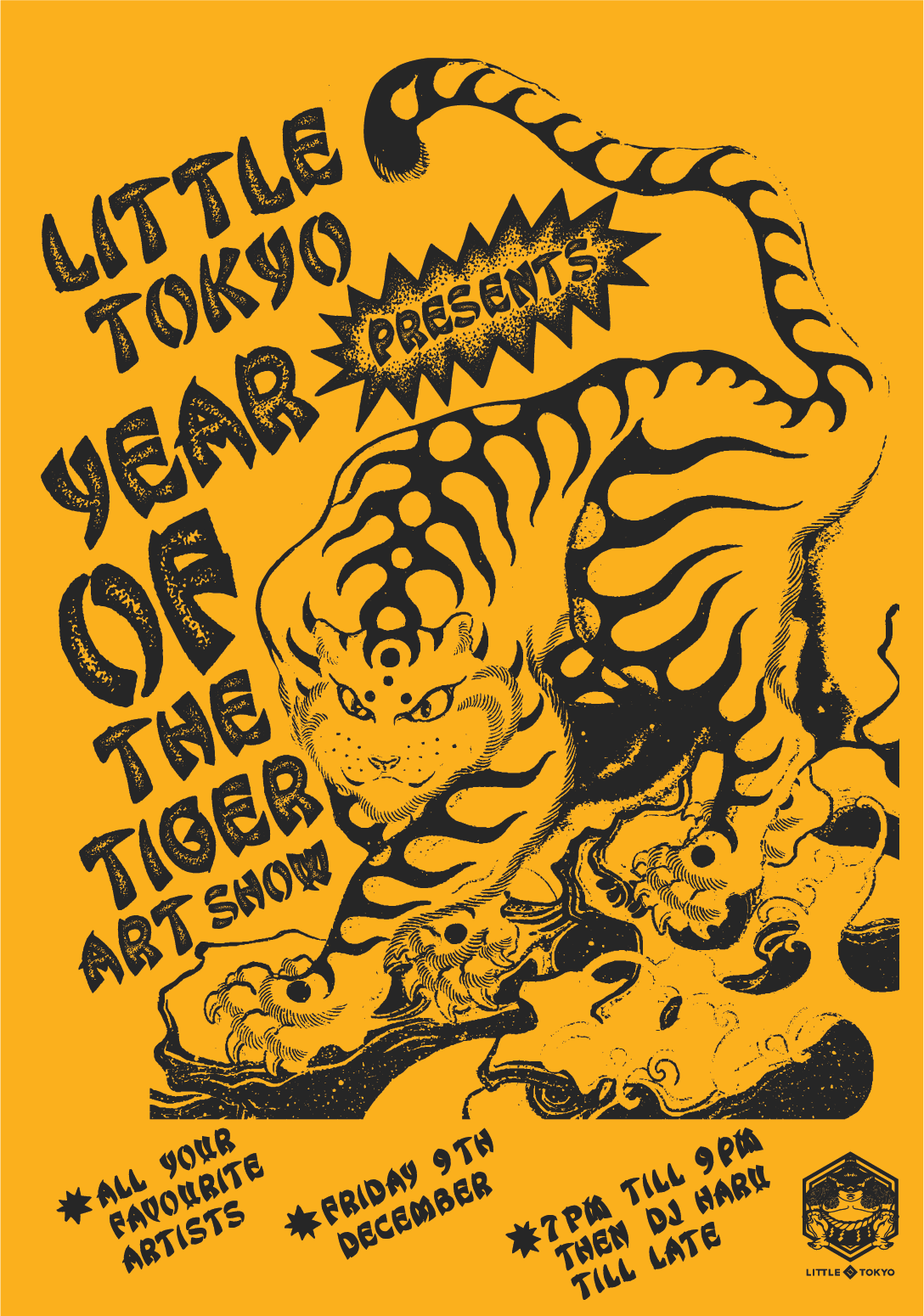 Poster for Little Tokyo Year End Art Show featuring a drawing of a tiger with black and orange stripes on a yellow background.