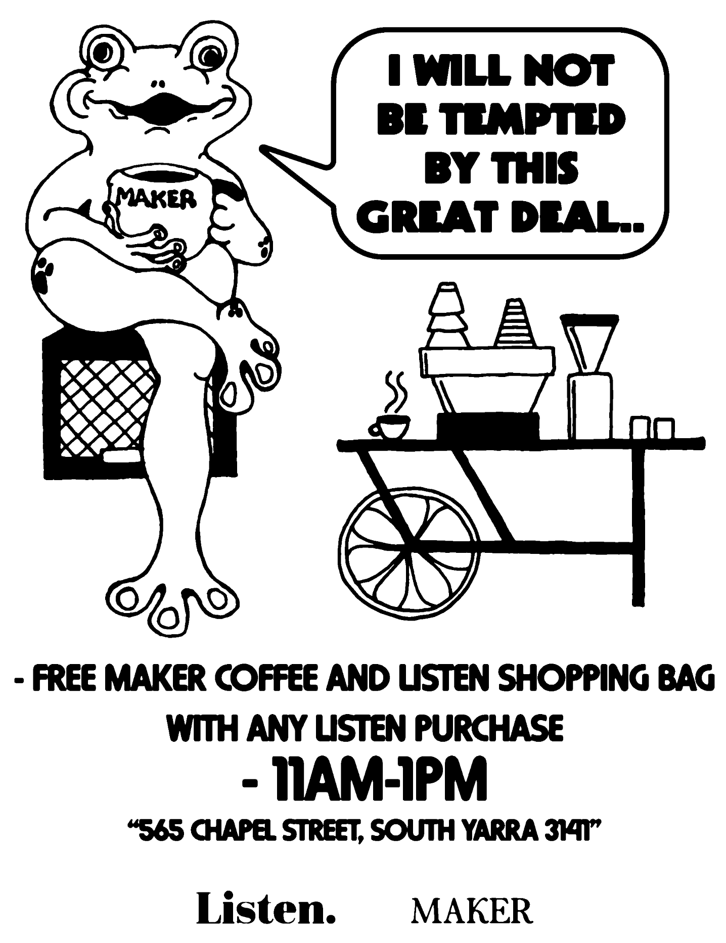A cartoon image of a frog sitting on a chair, holding a coffee mug labeled 'Maker', with a speech bubble saying 'I will not be tempted by this great deal.' Next to the frog is a coffee cart with striped cups and bottles. The text below promotes a fre