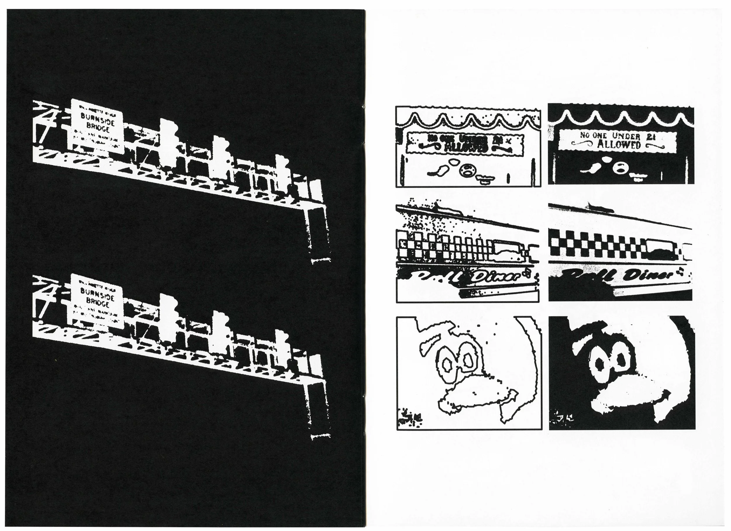 Black and white stencil art featuring a silhouette of a bridge with the sign 'BURNSIDE BRIDGE' and various artistic designs including the words 'NO ONE UNDER 2 ALLOWED', a fish, a skateboard, a dinosaur, and other abstract shapes.
