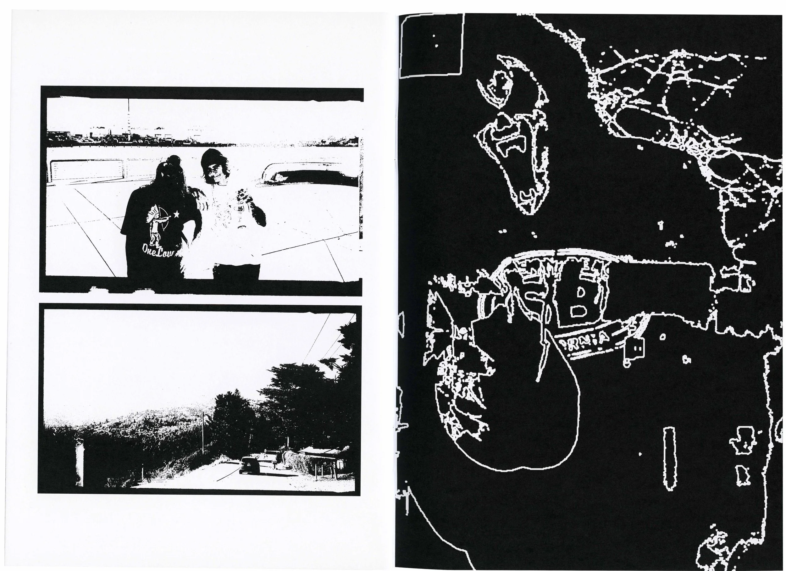 Black and white image divided into two sections. The left section shows two people standing outdoors near a car with a cityscape in the background. The right section appears to be a stylized or abstract map or diagram of an area.