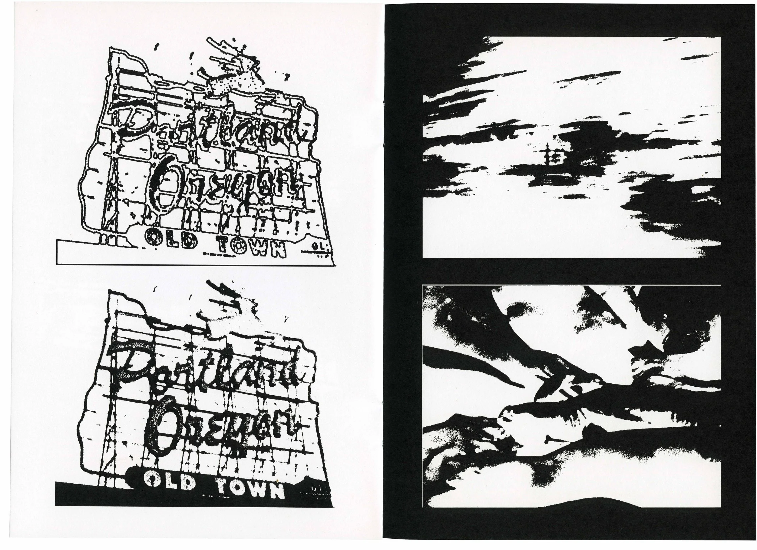 Black and white abstract images, with one side featuring a stylized drawing of a building with the words "OLD TOWN".