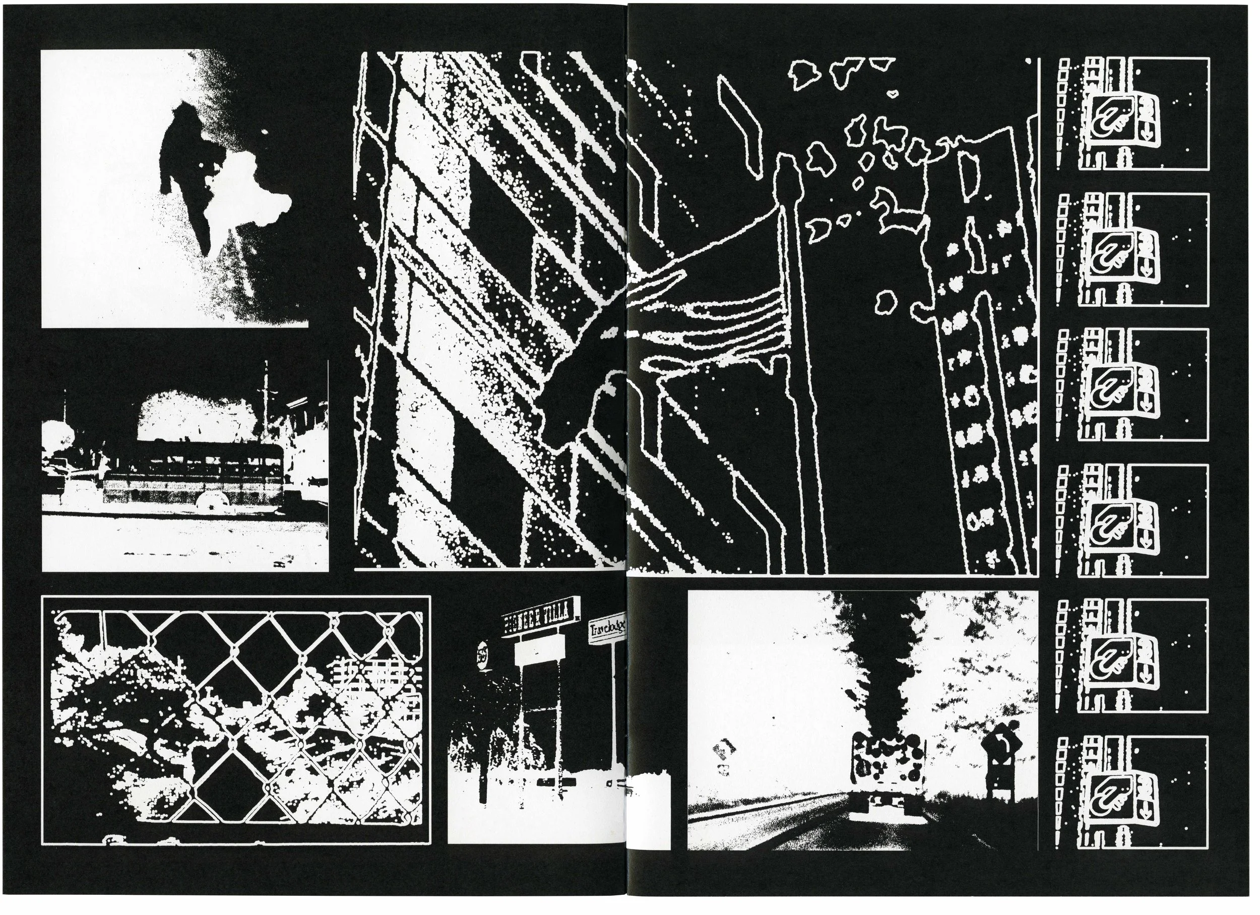 A black and white graphic design featuring various scenes and elements, including a person, a fence, buildings, and a digital interface, arranged in a collage style.
