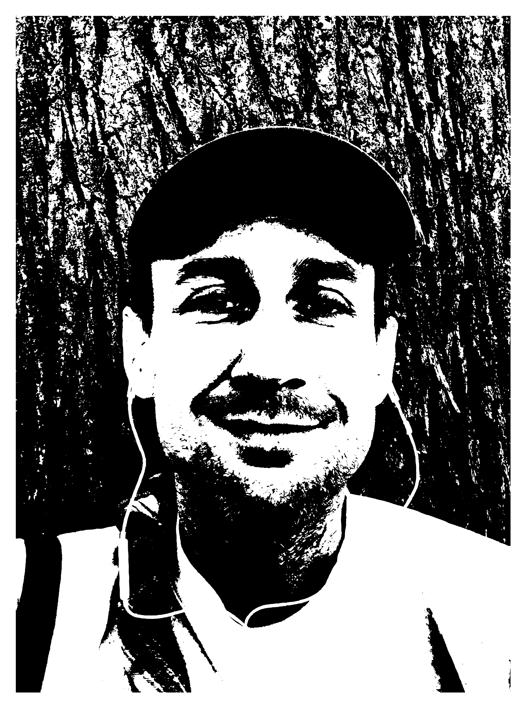 Black and white stylized portrait of a man with headphones, wearing a cap, smiling, with a textured background.