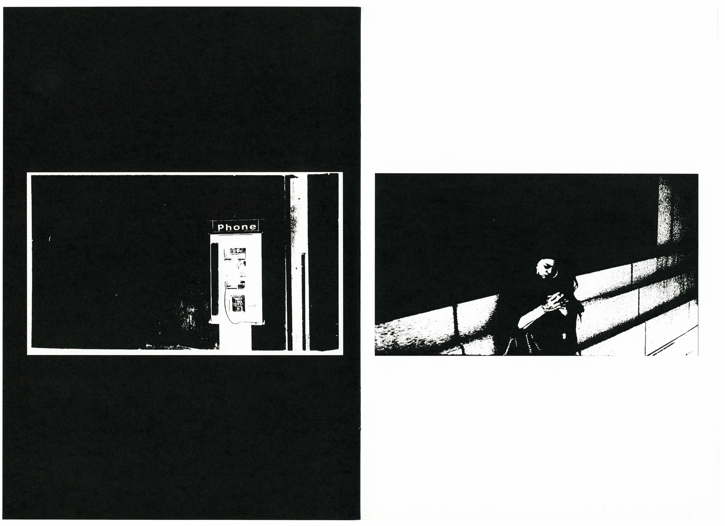 A black and white split image with a woman sitting on a bench in an urban setting on the right and a payphone booth on the left.
