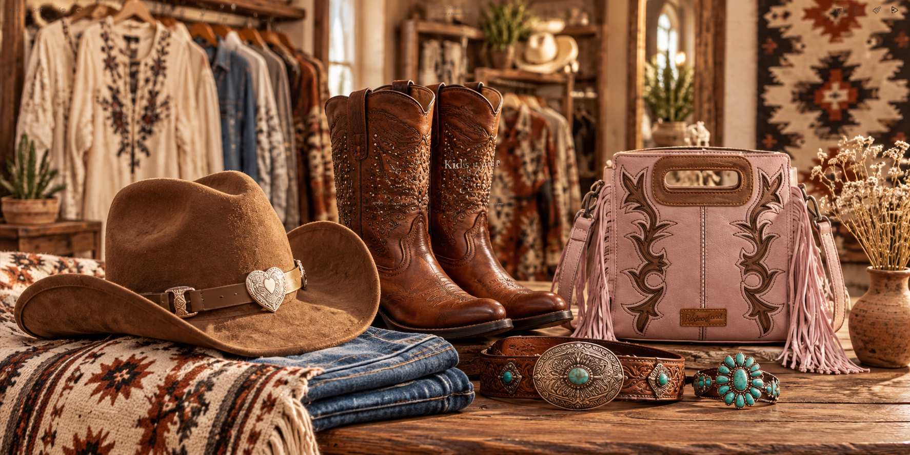Cowboy hat, boots, jeans, belt, turquoise jewelry and pink western handbag displayed together.
