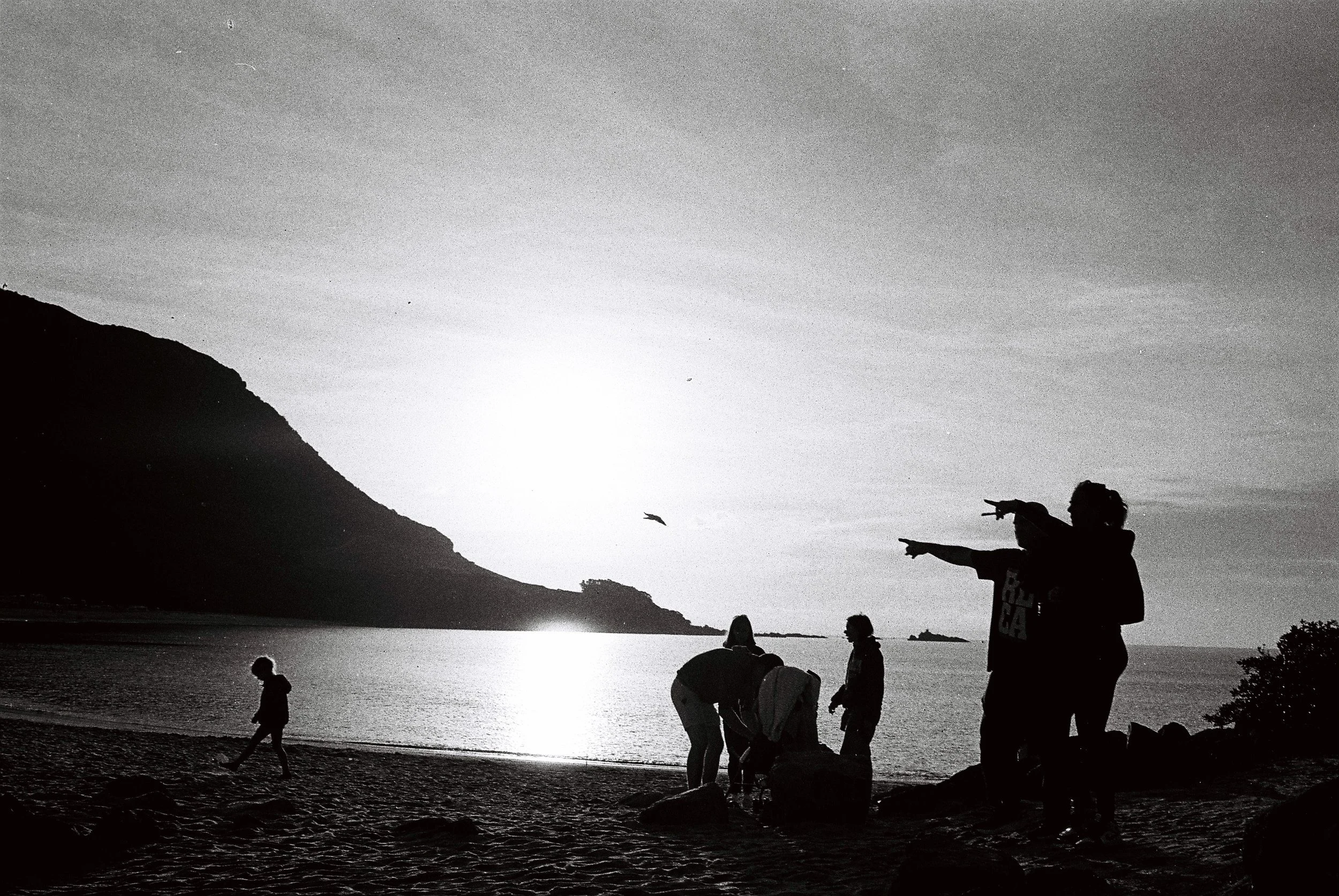 Silhouettes of people on a beach during sunset, some pointing and others walking by the water, with a mountain in the background.