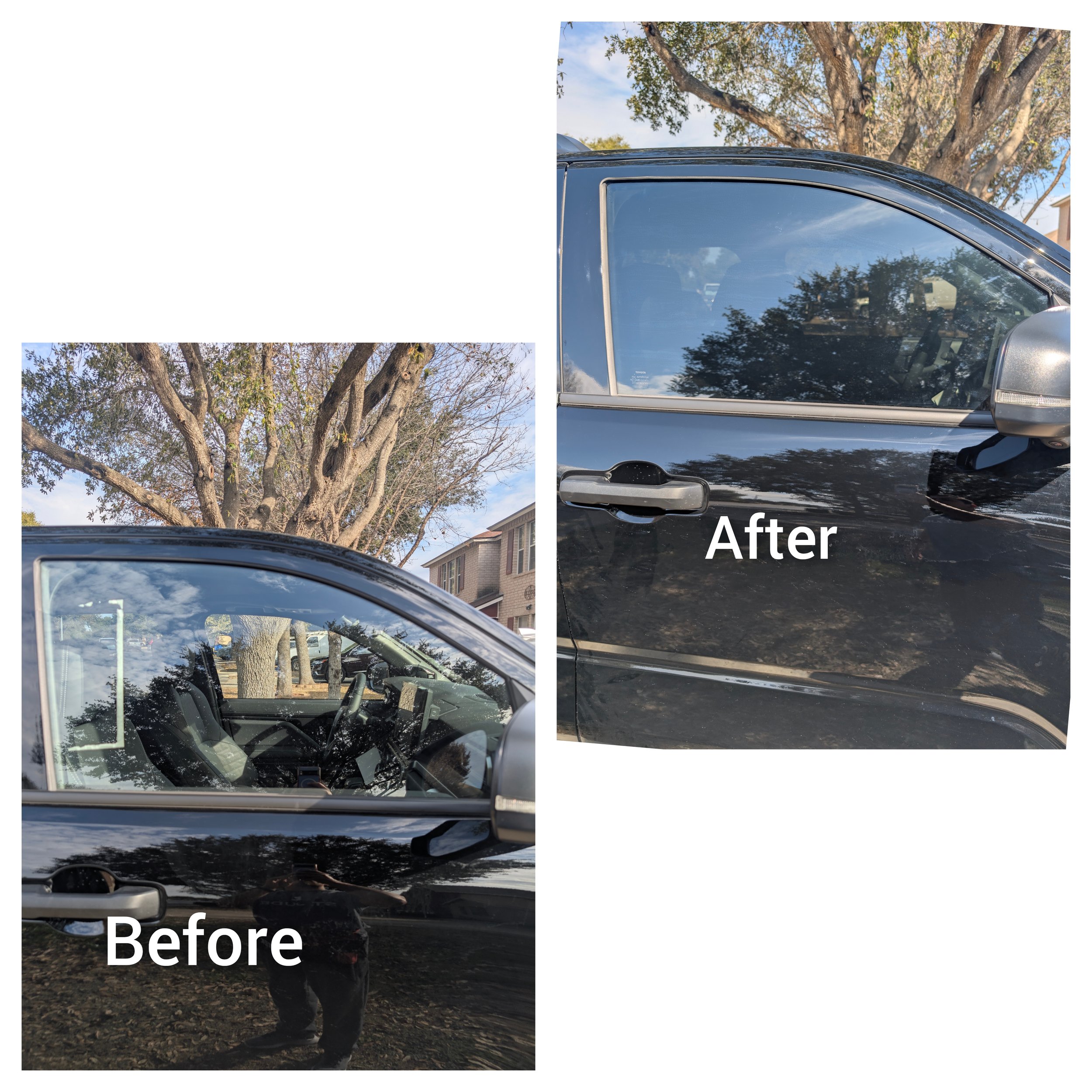 Comparison of a black car trim before and after cleaning or detailing. The before photo shows the car's passenger side with visible dirt and smudges on the door. The after photo shows the same side with a clean, shiny surface.