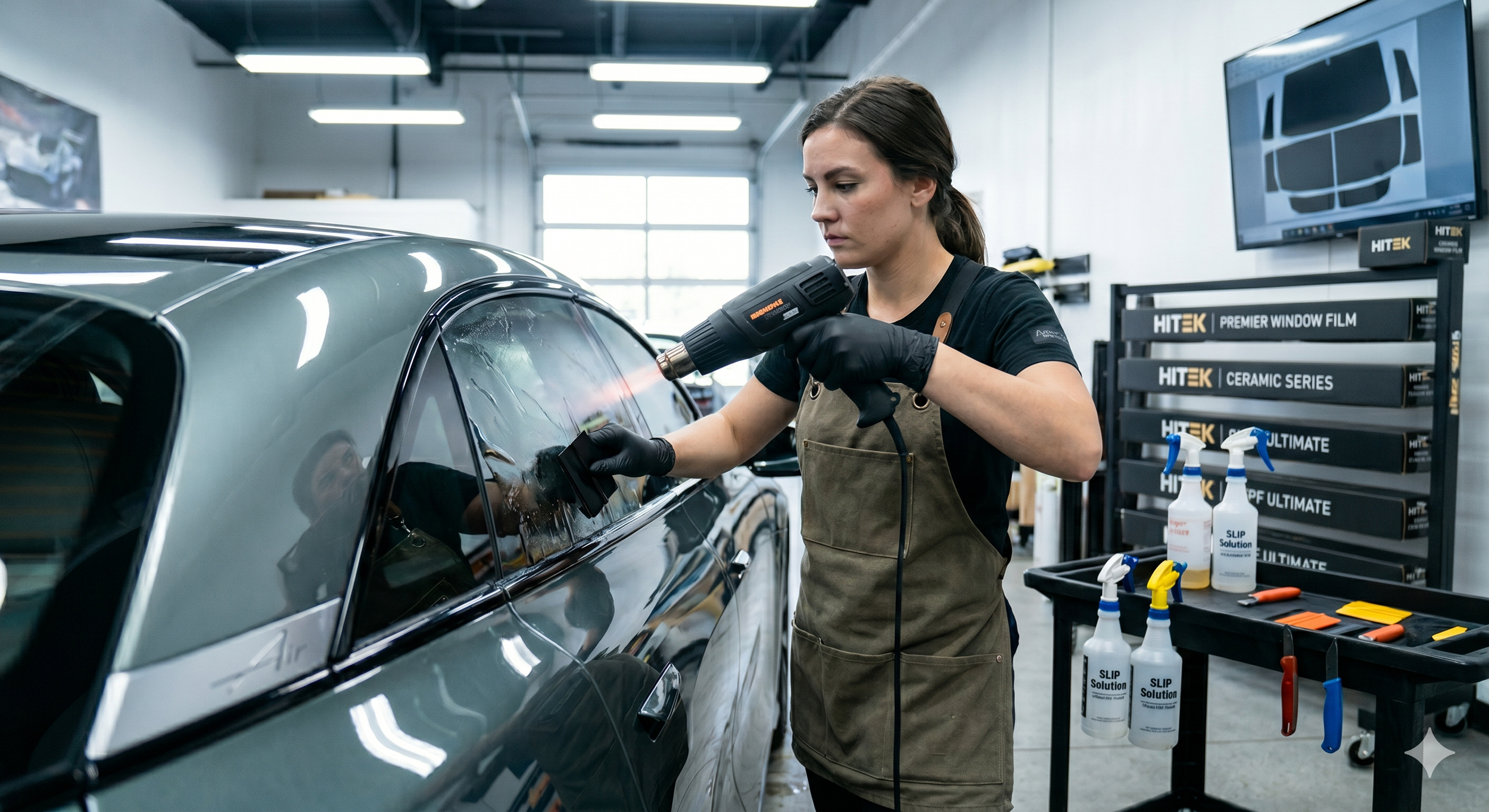 A woman in an automotive workshop using a heat gun to apply or remove a tinted film on a car window, with tools and supplies on a nearby cart.