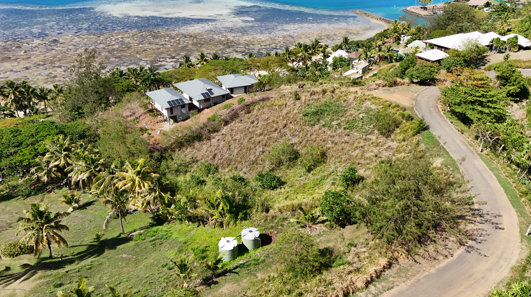 Aerial view of a tropical coastal area with houses along a winding road, surrounded by lush trees and palm trees, with a beach and ocean in the background.
