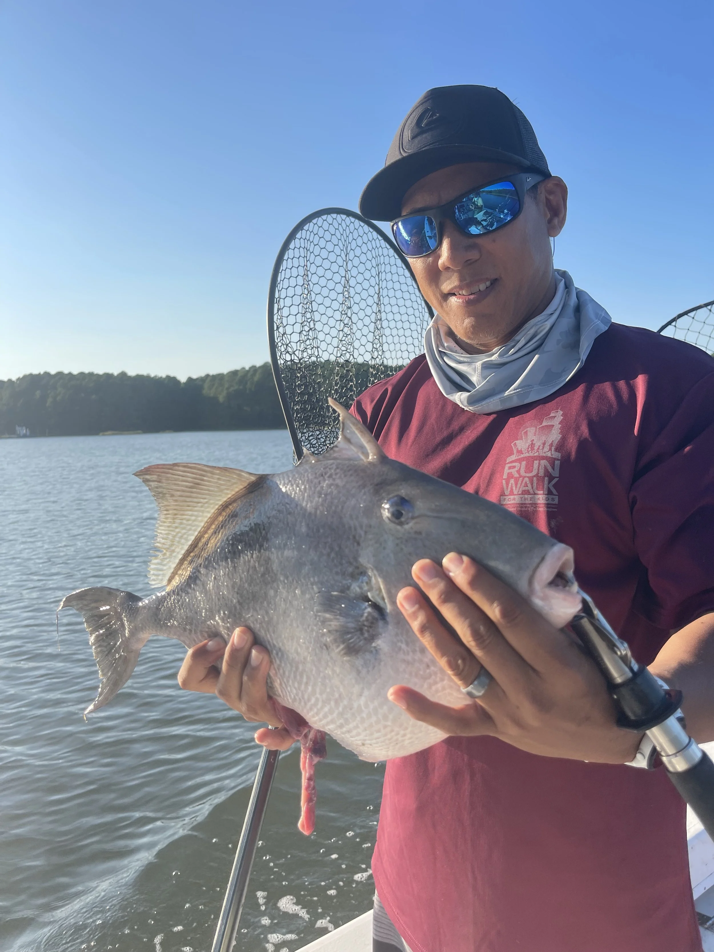 Man holding a large fish on a boat during daylight, with water and trees in the background, wearing sunglasses, a cap, and a maroon shirt.