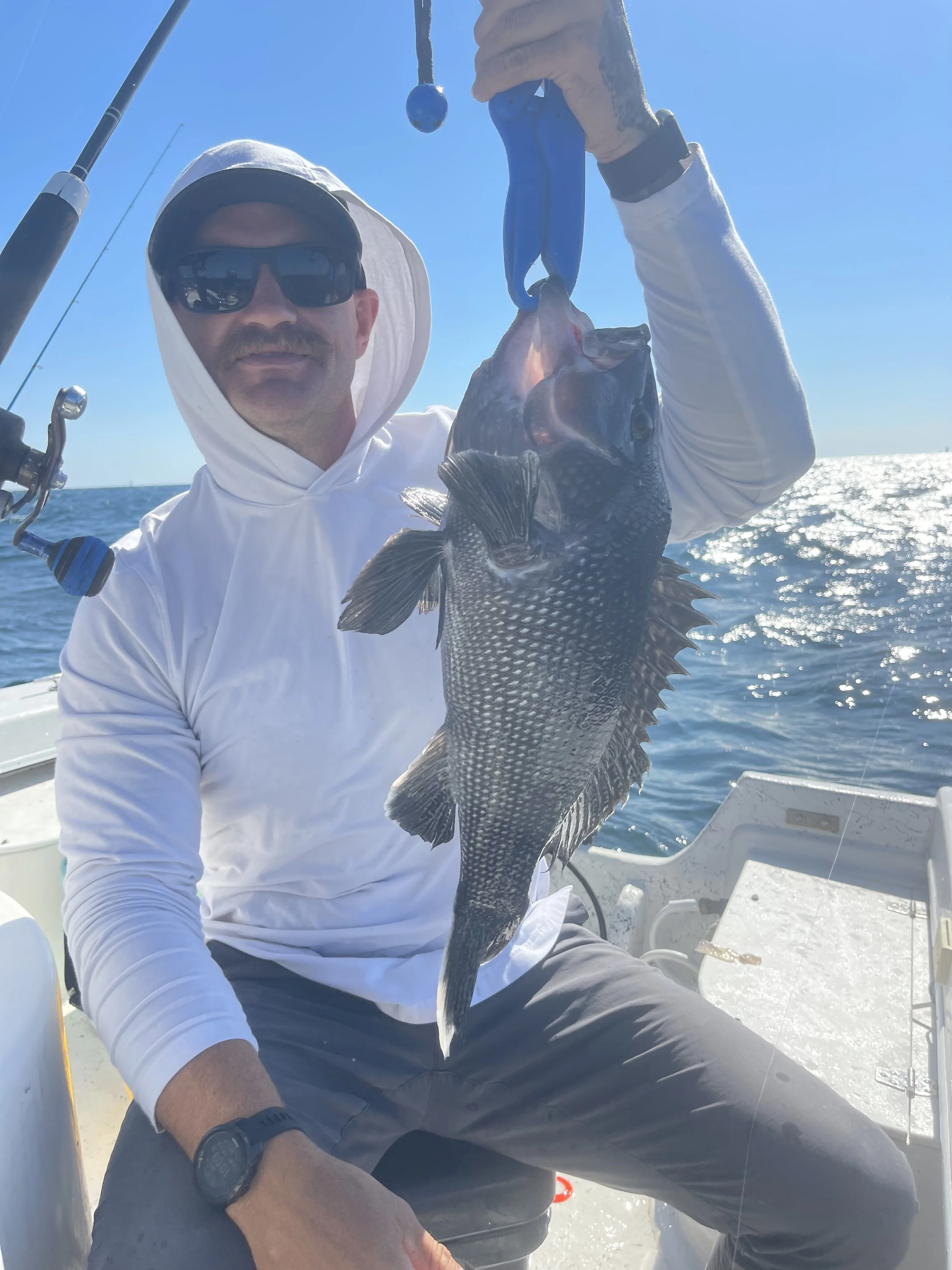 Man in white hoodie and sunglasses holding a large fish on a boat in sunny open water.