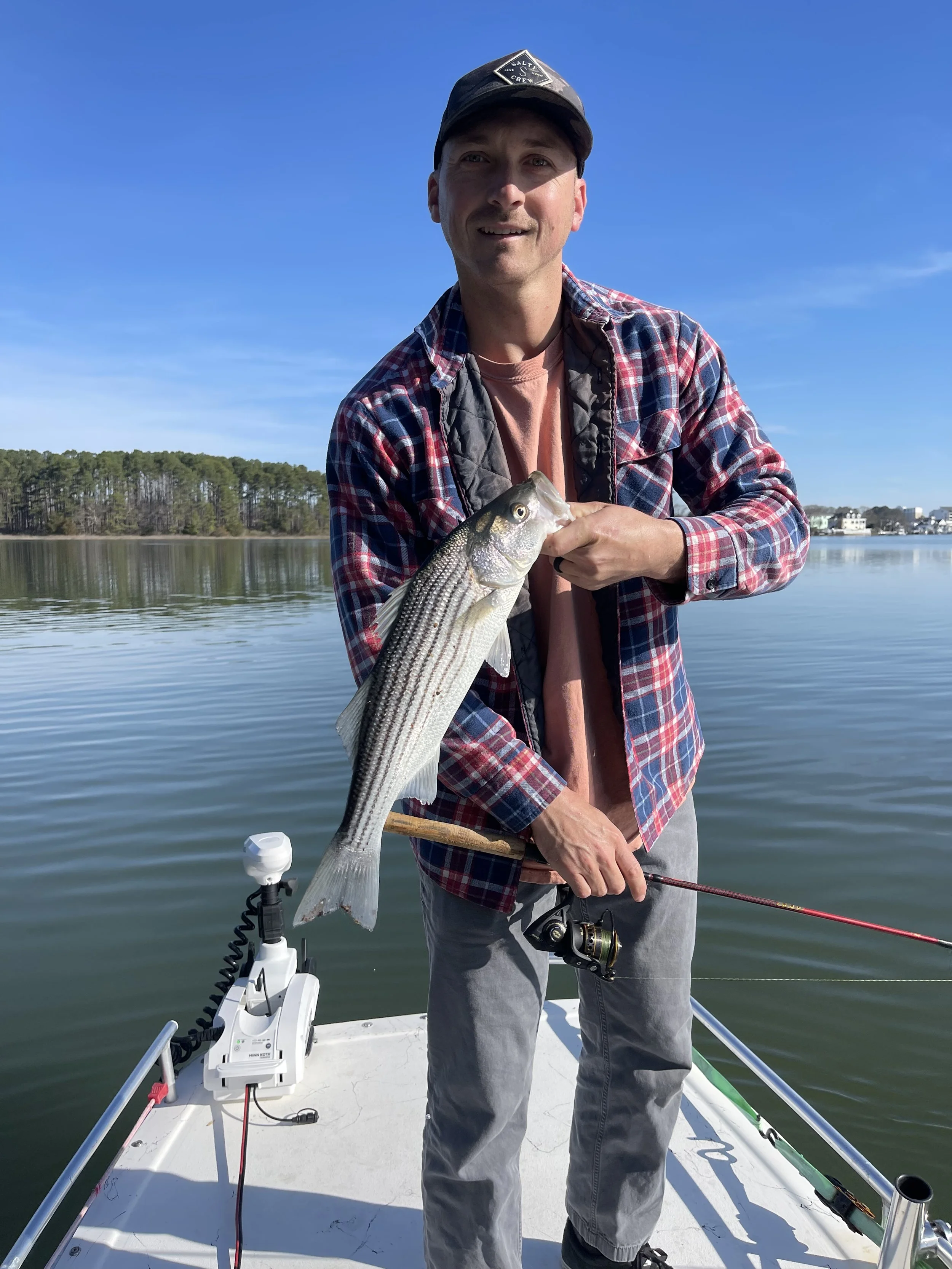 Man on a boat holding a striped bass fish with a body of water and trees in the background.