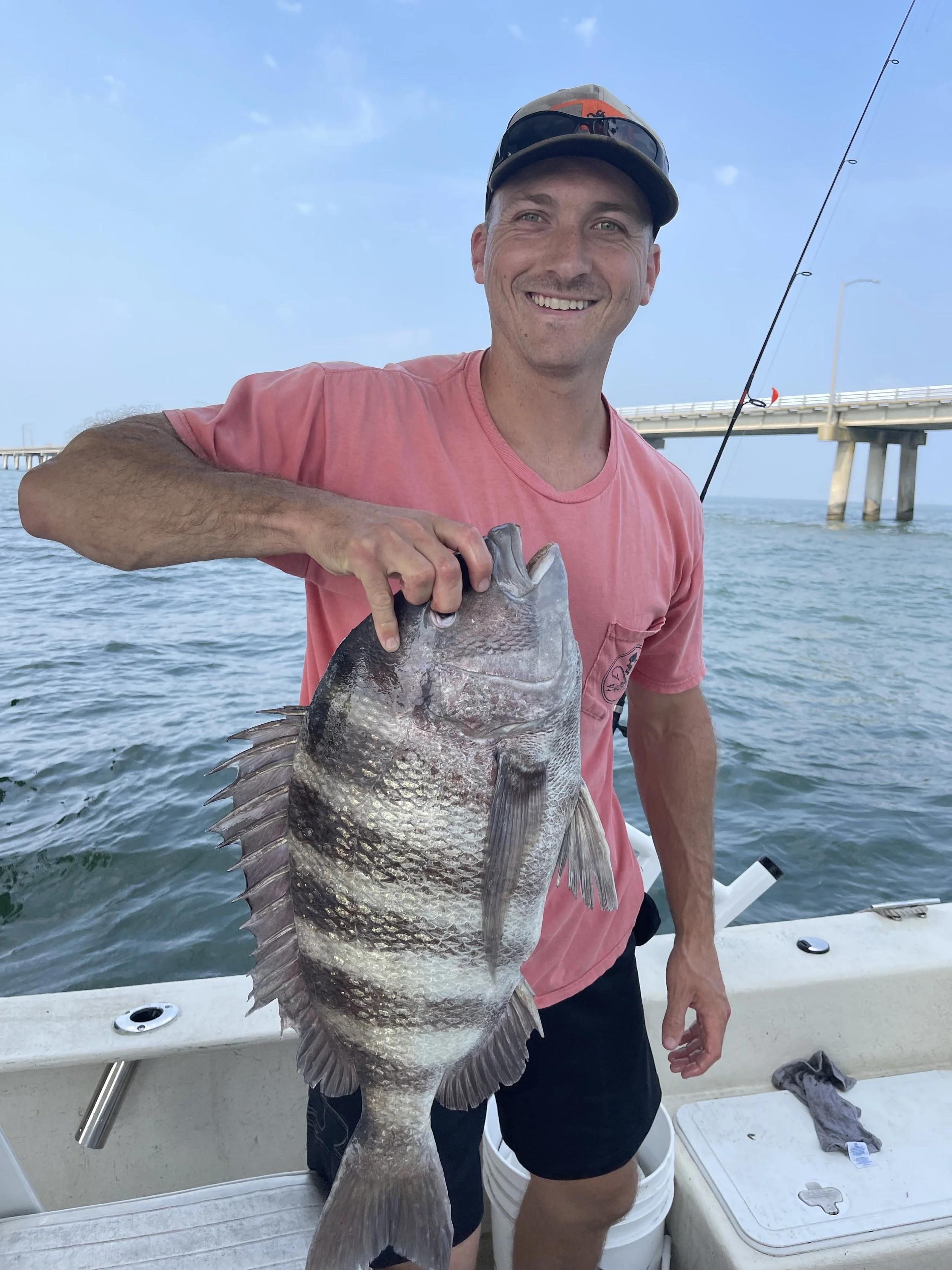 A smiling man in a pink shirt and cap holding a large fish on a boat, with a bridge in the background and fishing rod visible.